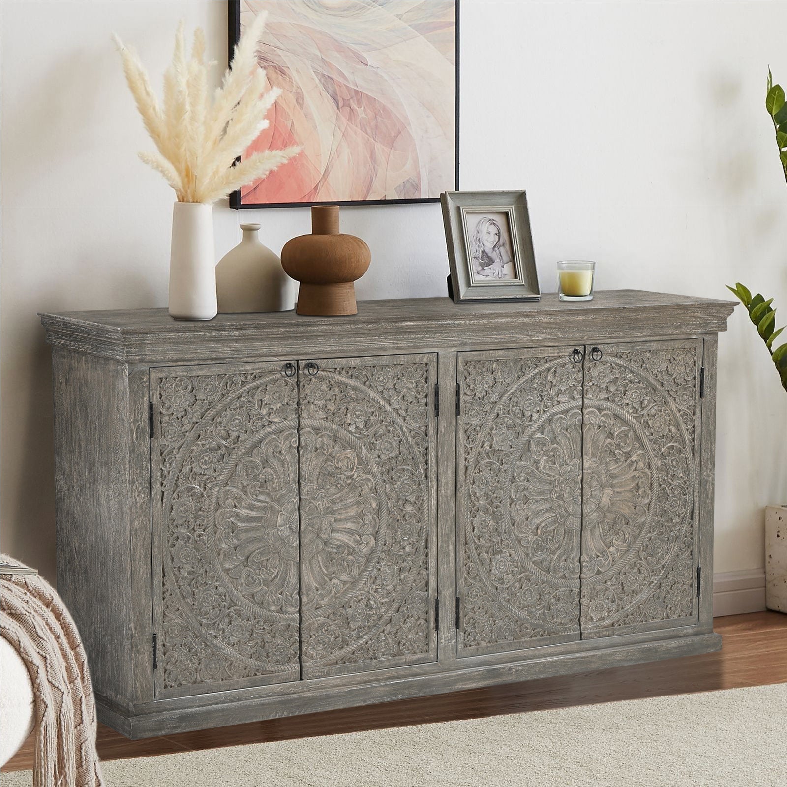 Large Hand-Carved Wooden 4-Door Sideboard  Storage Cabinet
