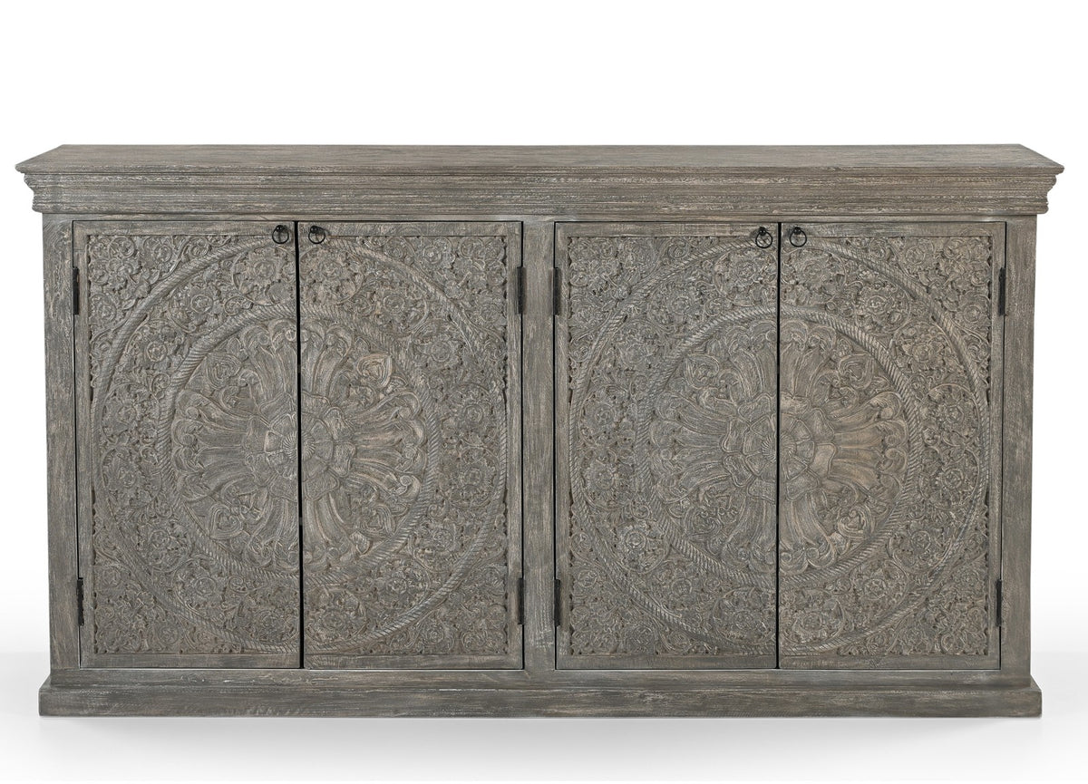 Large Hand-Carved Wooden 4-Door Sideboard  Storage Cabinet