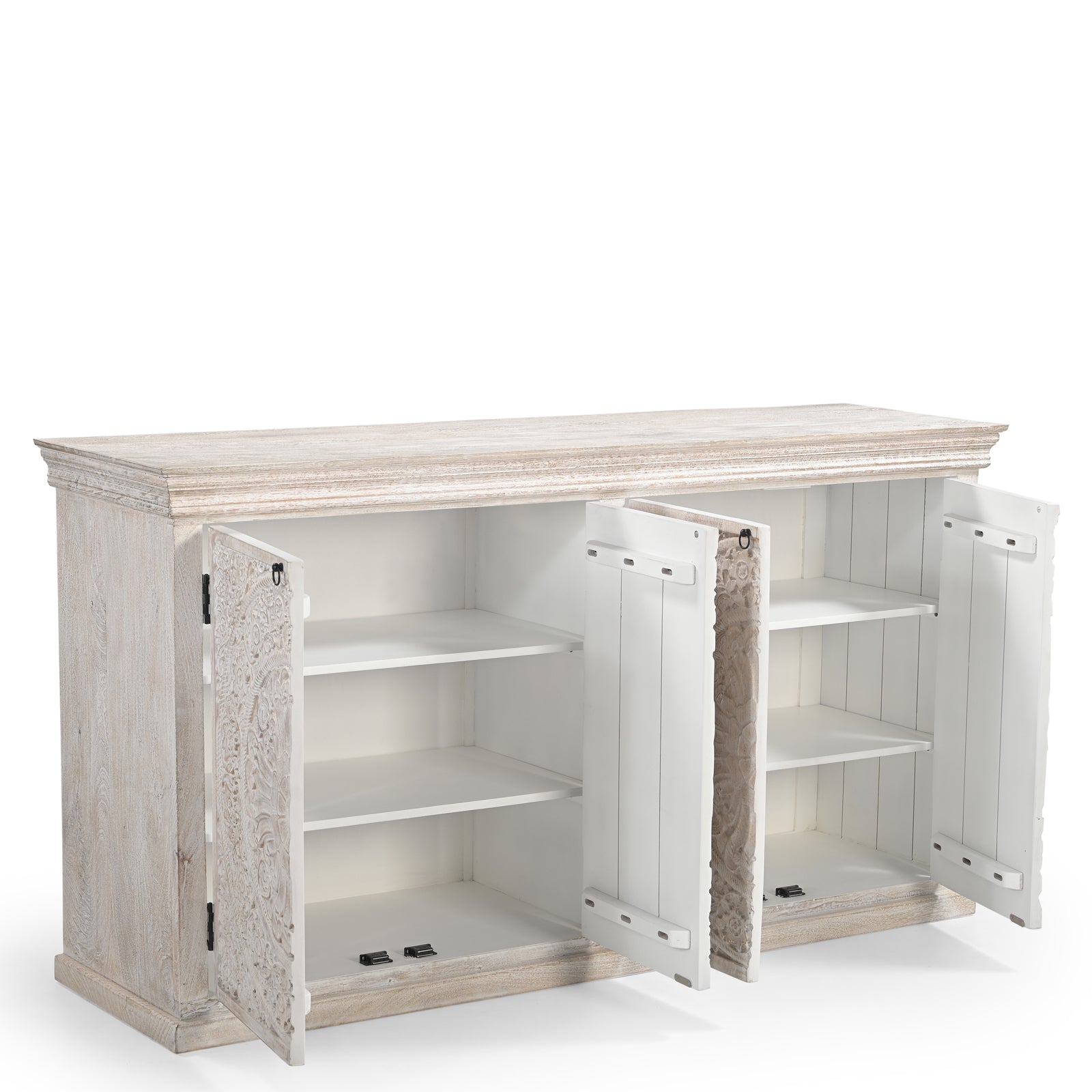 Large Hand-Carved Wooden 4-Door Sideboard  Storage Cabinet