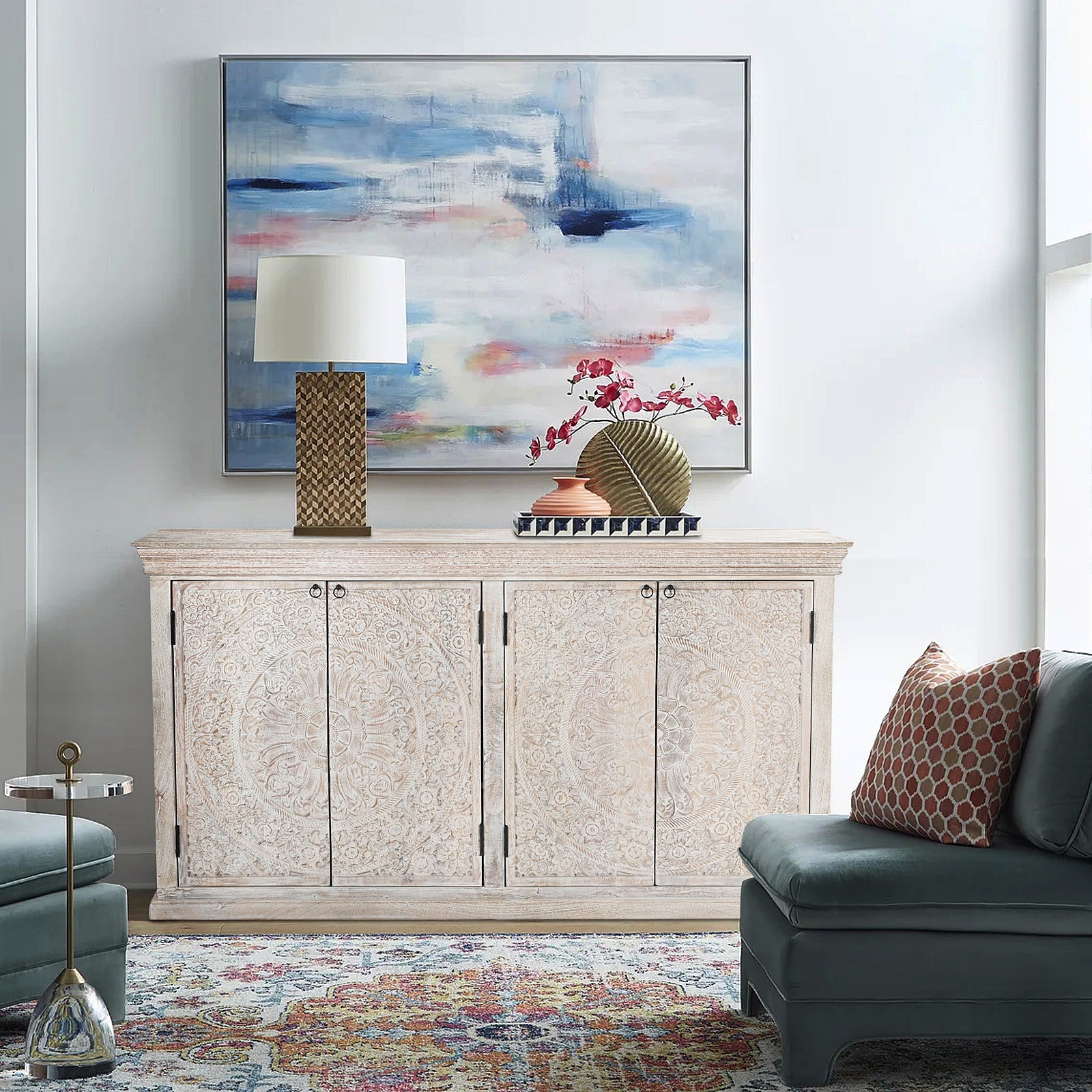 Large Hand-Carved Wooden 4-Door Sideboard  Storage Cabinet