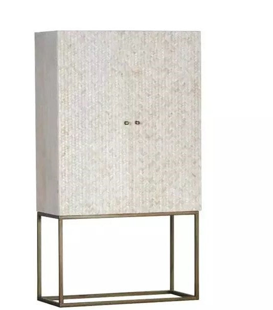 Modern White Bone Inlay Tall Storage Cabinet  with Brass Metal Base
