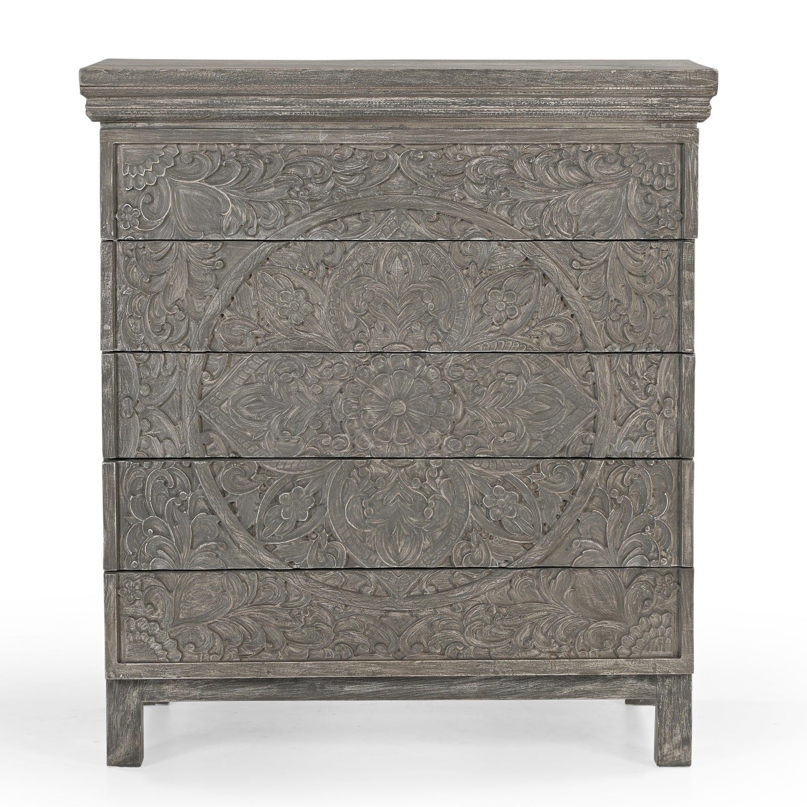 Hand-Carved Wooden 4-Drawer Tall Storage  Dresser Chest