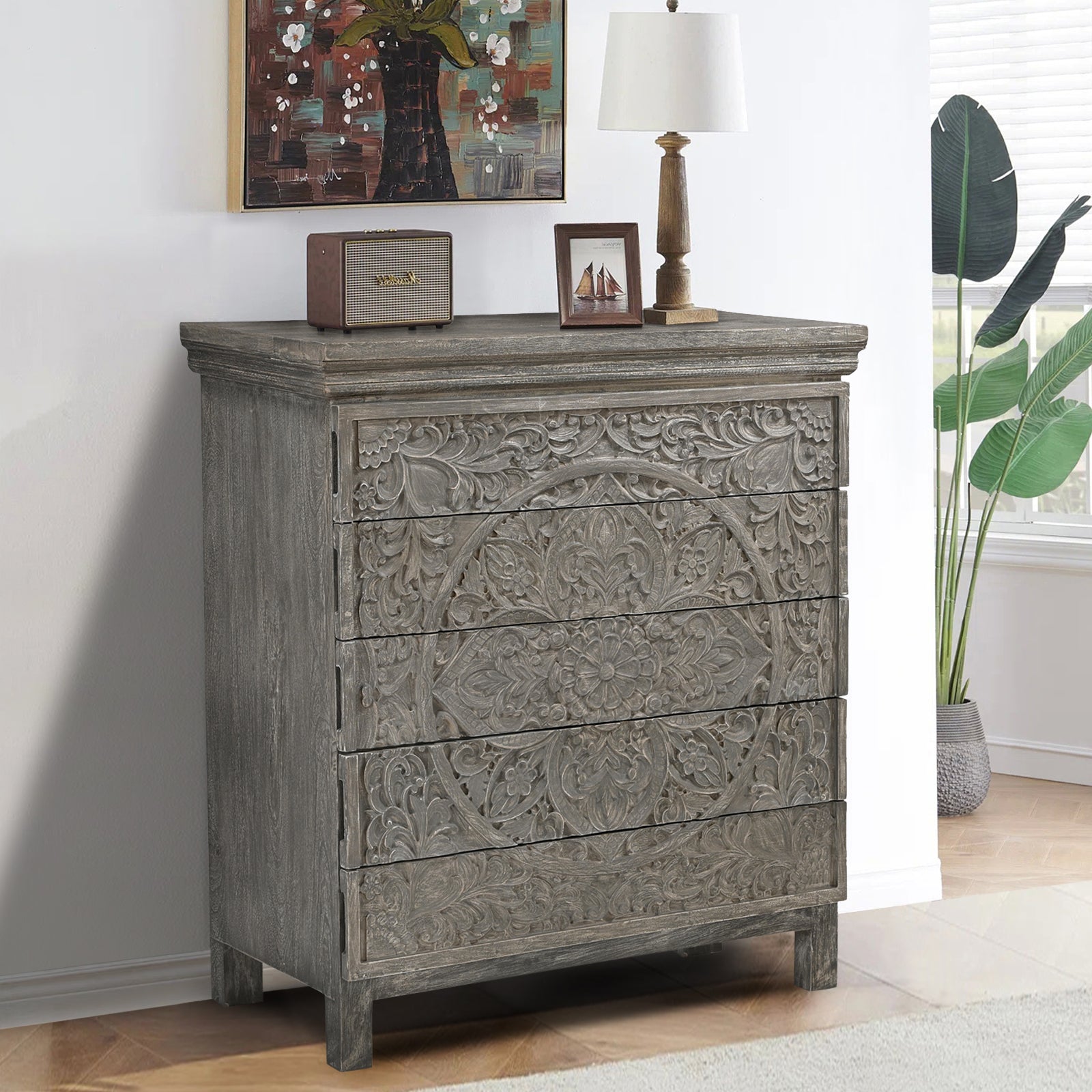 Hand-Carved Wooden 4-Drawer Tall Storage  Dresser Chest
