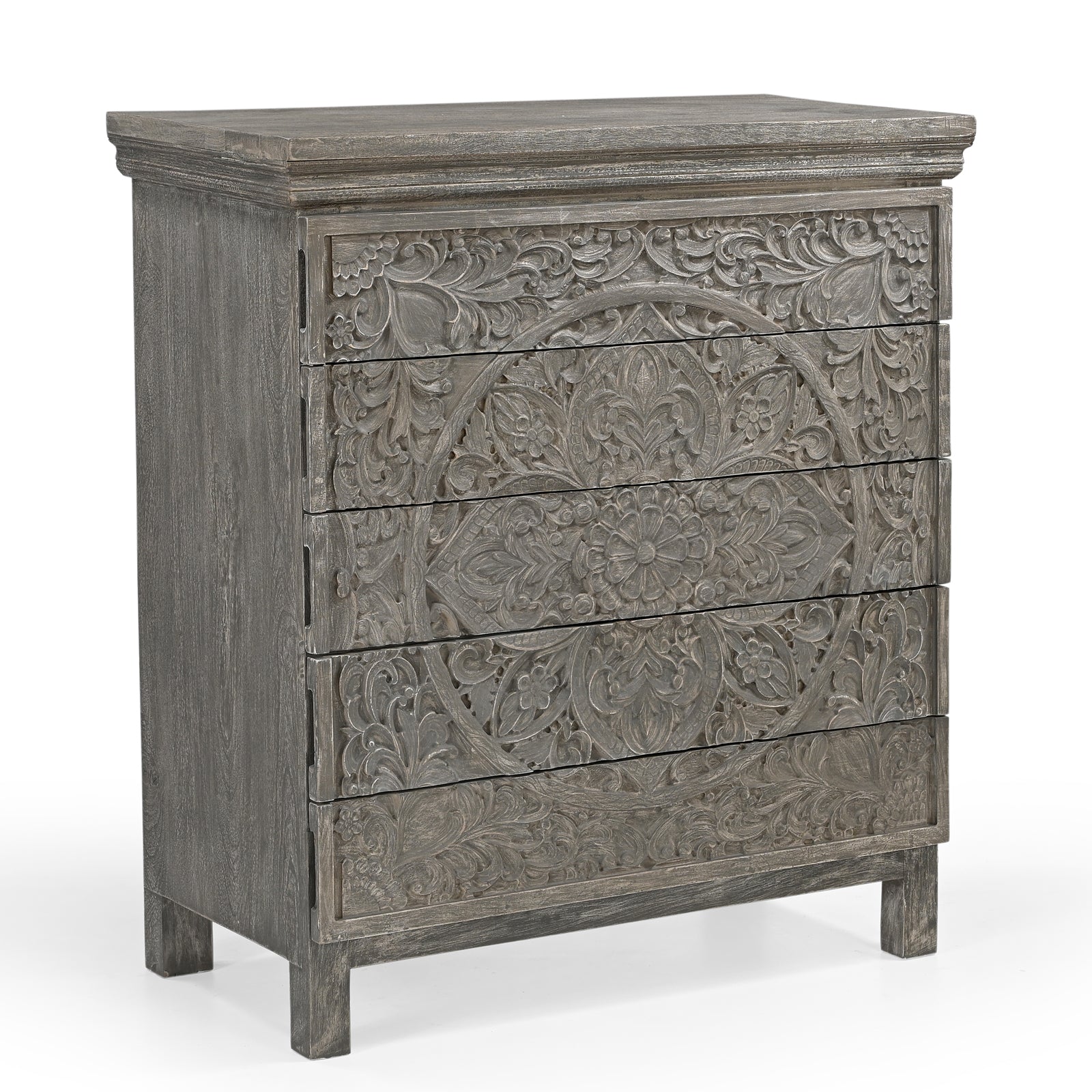 Hand-Carved Wooden 4-Drawer Tall Storage  Dresser Chest