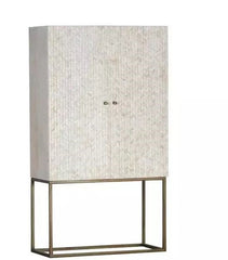 Modern White Bone Inlay Tall Storage Cabinet  with Brass Metal Base