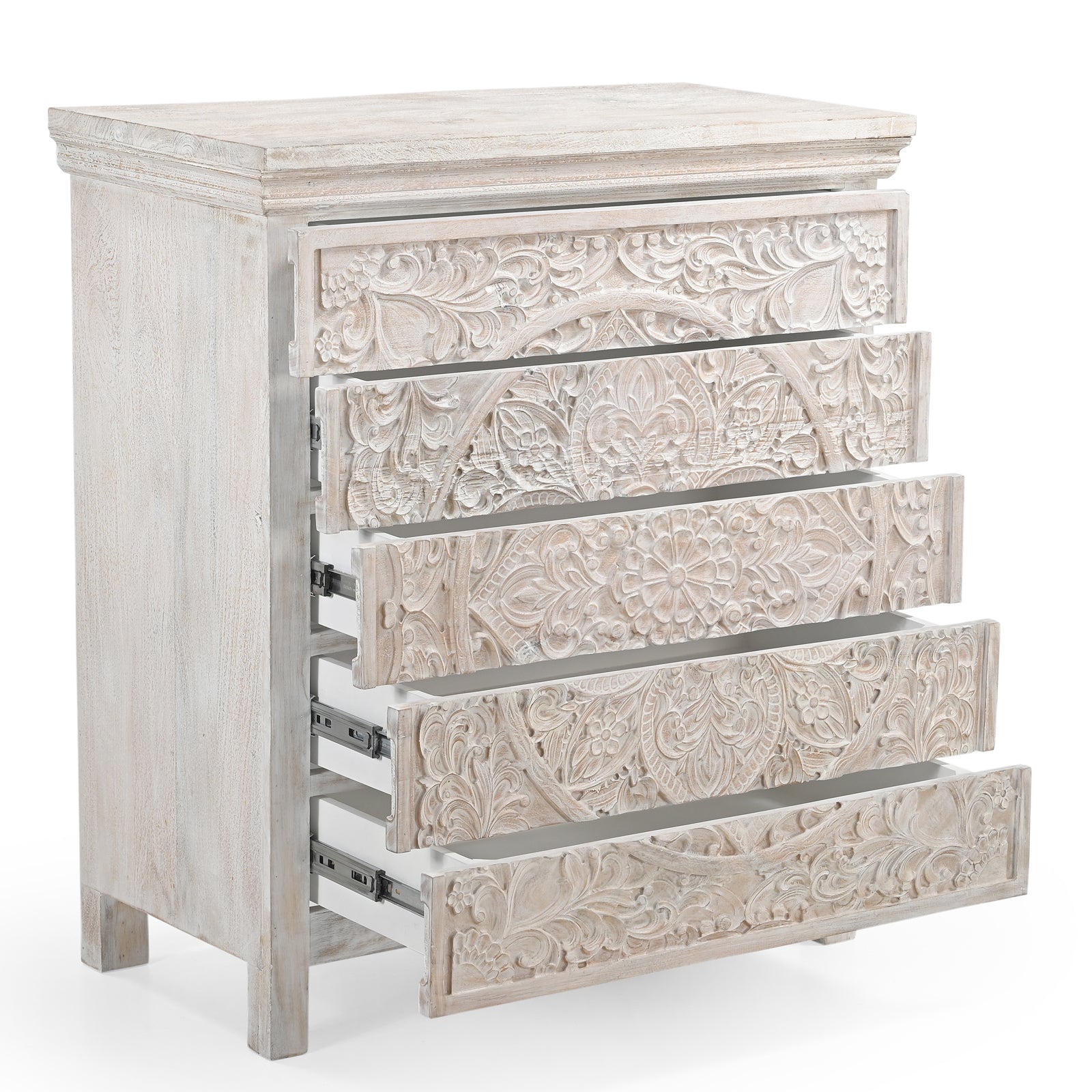 Hand-Carved Wooden 4-Drawer Tall Storage  Dresser Chest