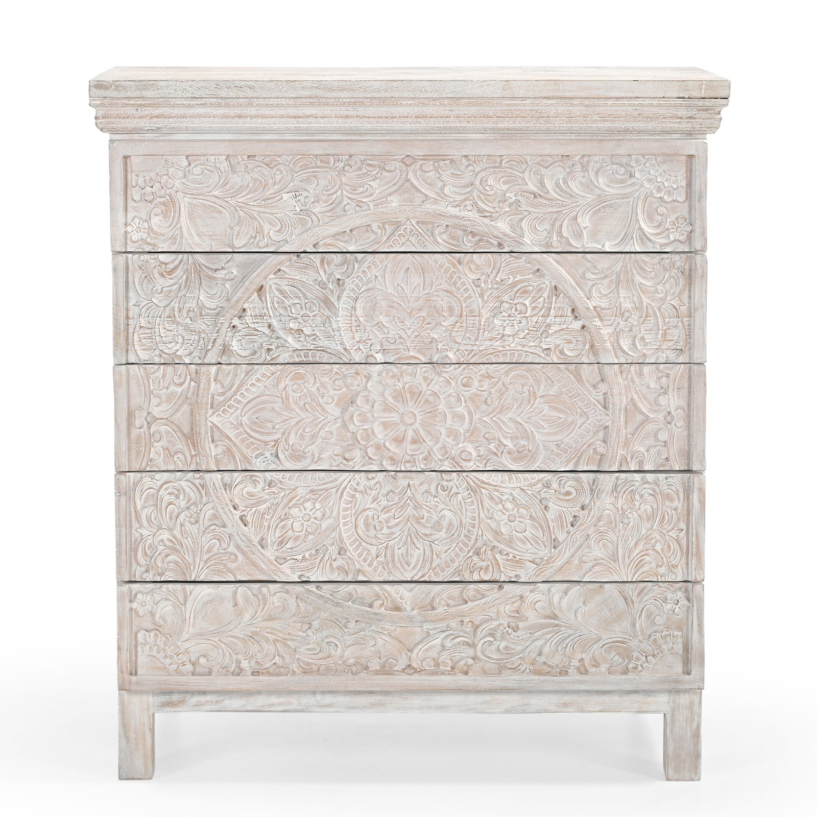 Hand-Carved Wooden 4-Drawer Tall Storage  Dresser Chest