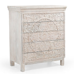 Hand-Carved Wooden 4-Drawer Tall Storage  Dresser Chest