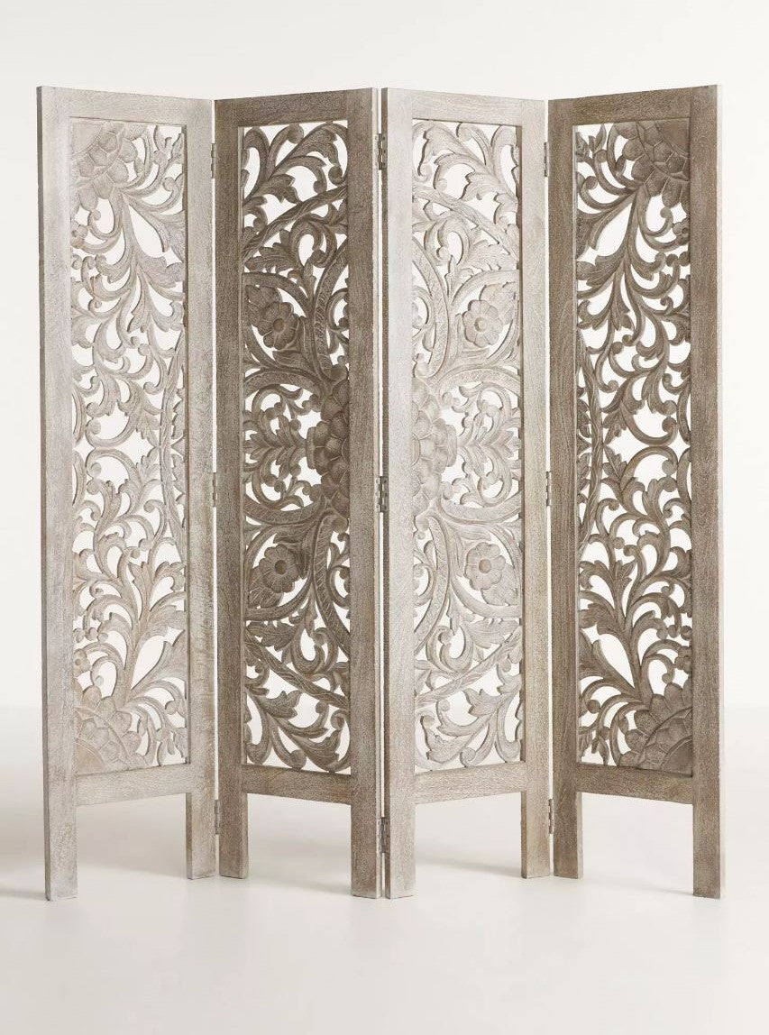Hand-Carved Wooden 4-Panel Room Divider  & Folding Screen