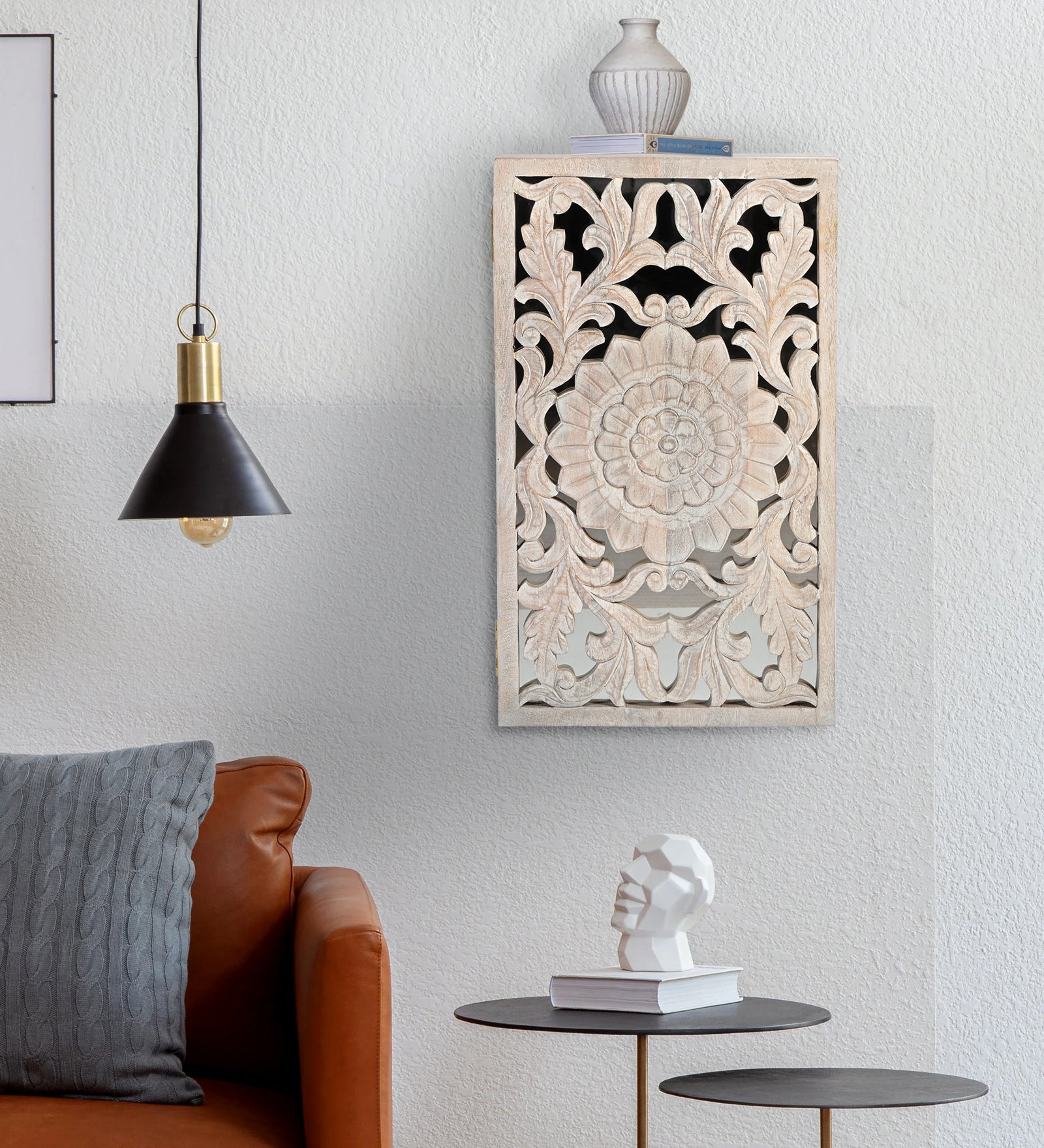 Hand-Carved Wooden Wall-Mounted Mirrored  Key & Storage Cabinet