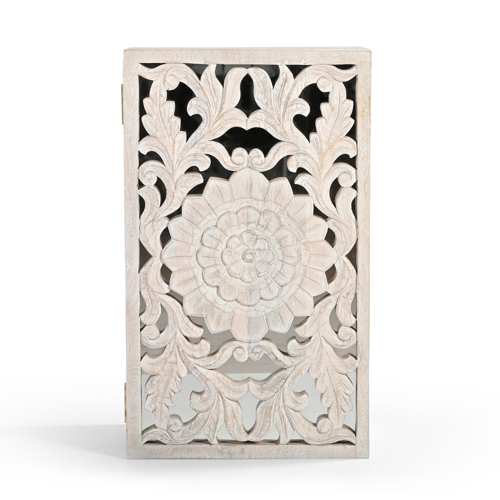 Hand-Carved Wooden Wall-Mounted Mirrored  Key & Storage Cabinet