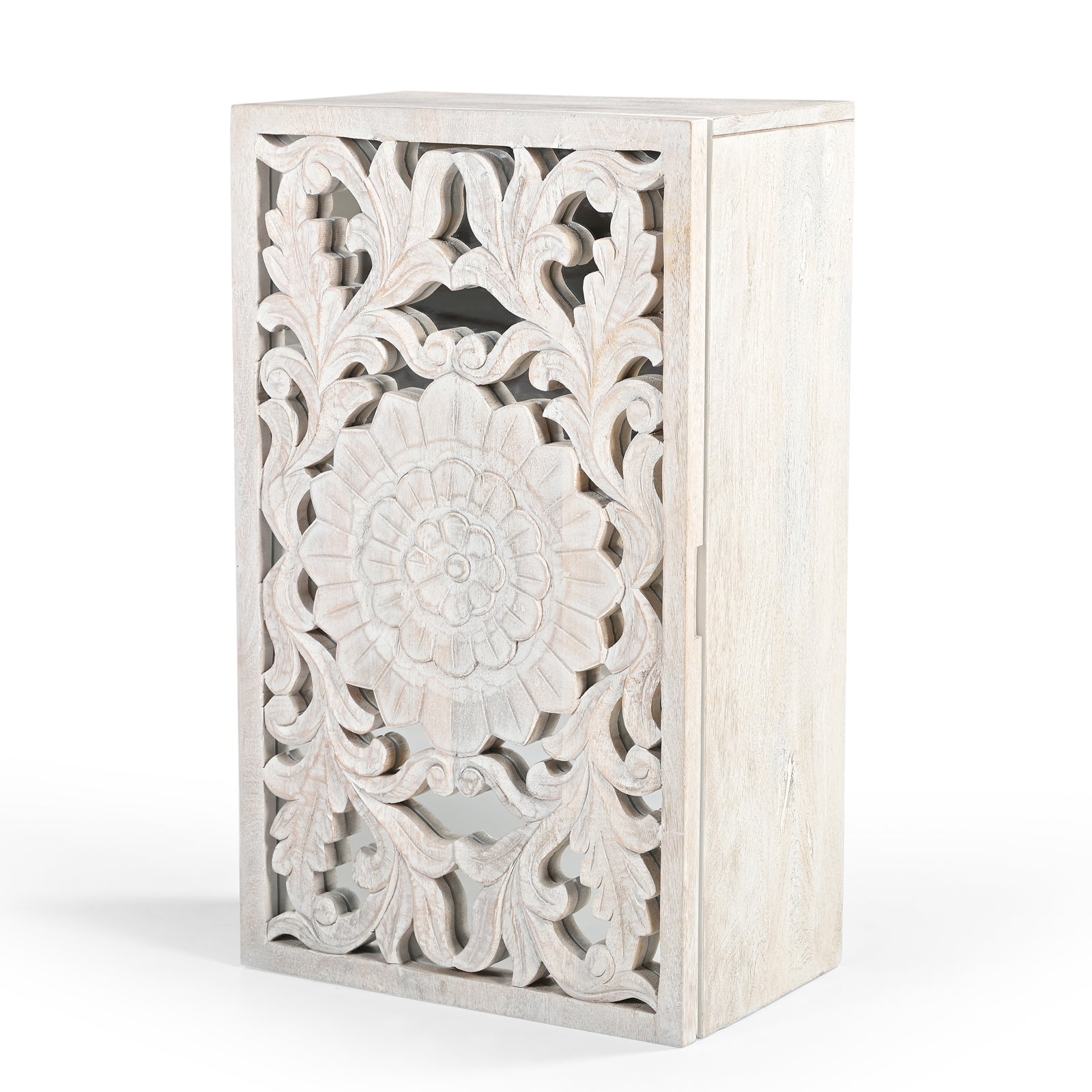 Hand-Carved Wooden Wall-Mounted Mirrored  Key & Storage Cabinet