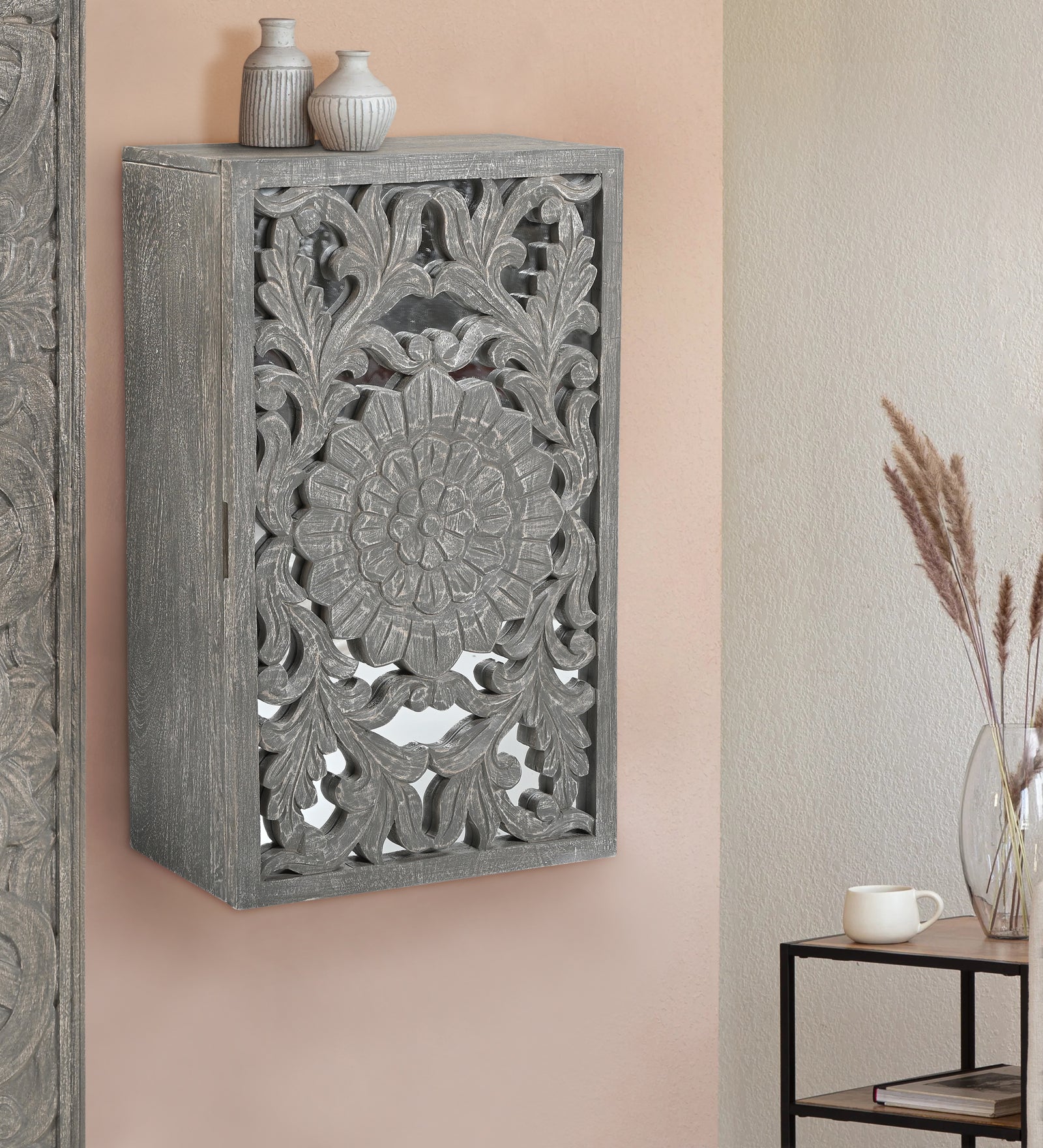 Hand-Carved Wooden Wall-Mounted Mirrored  Key & Storage Cabinet