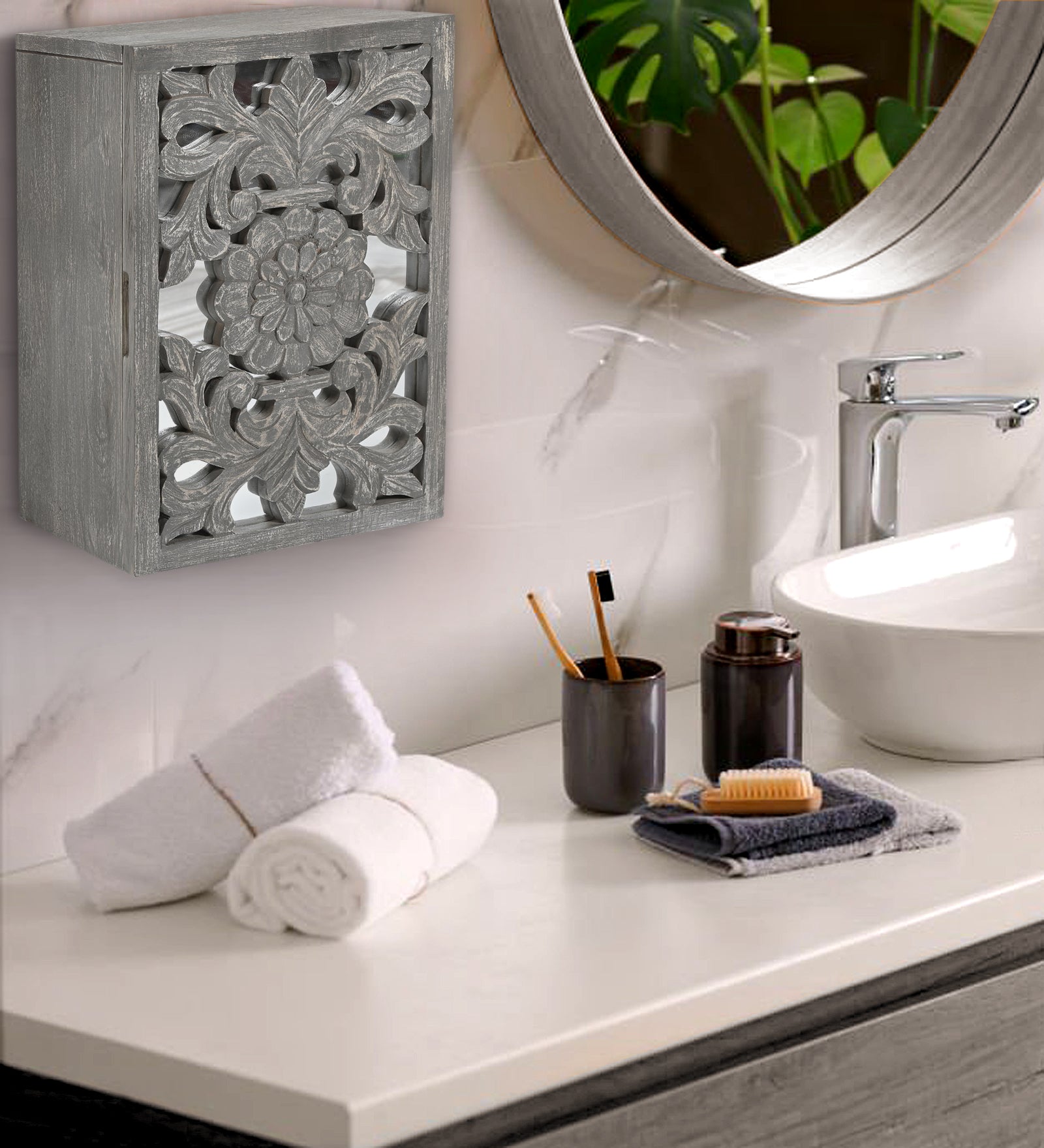 Hand-Carved Wooden Wall-Mounted Mirrored  Key & Storage Cabinet