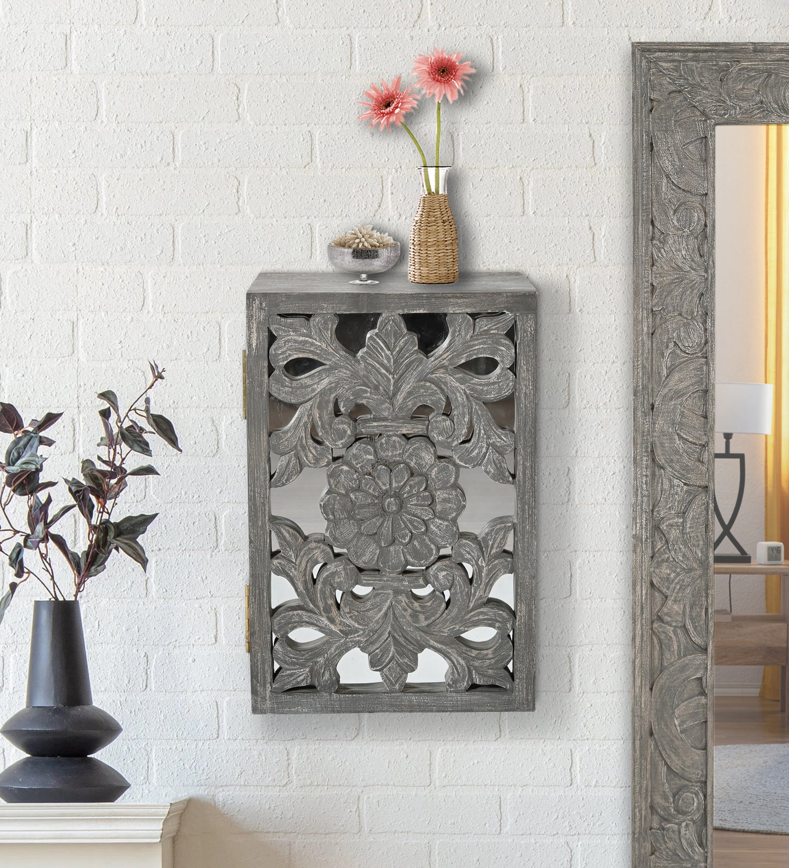 Hand-Carved Wooden Wall-Mounted Mirrored  Key & Storage Cabinet