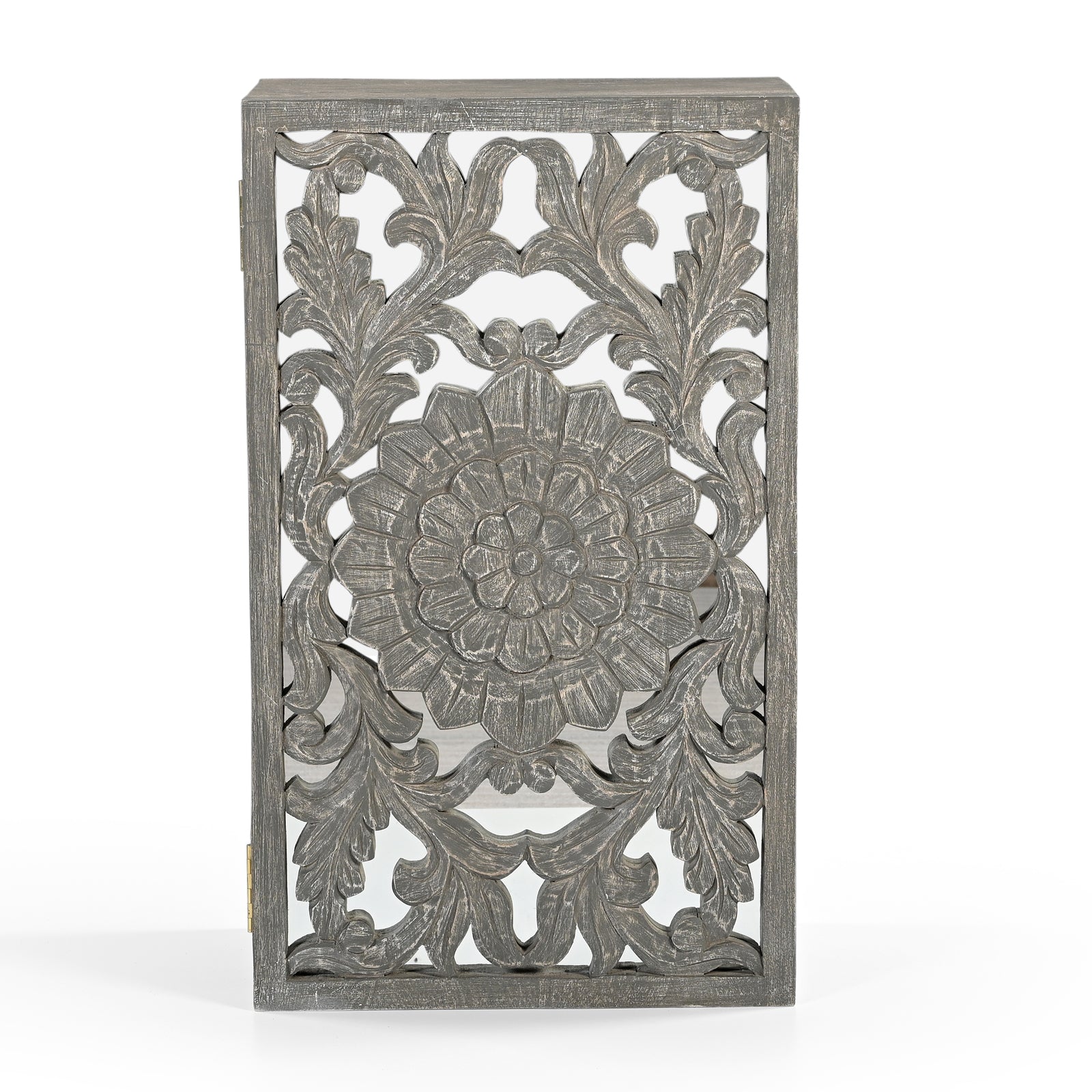Hand-Carved Wooden Wall-Mounted Mirrored  Key & Storage Cabinet