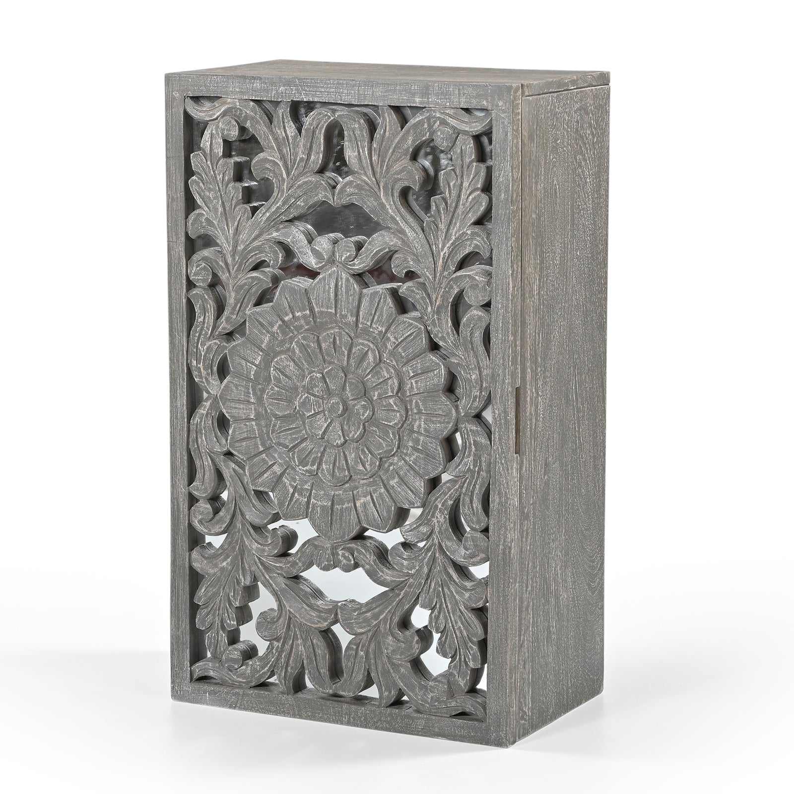 Hand-Carved Wooden Wall-Mounted Mirrored  Key & Storage Cabinet