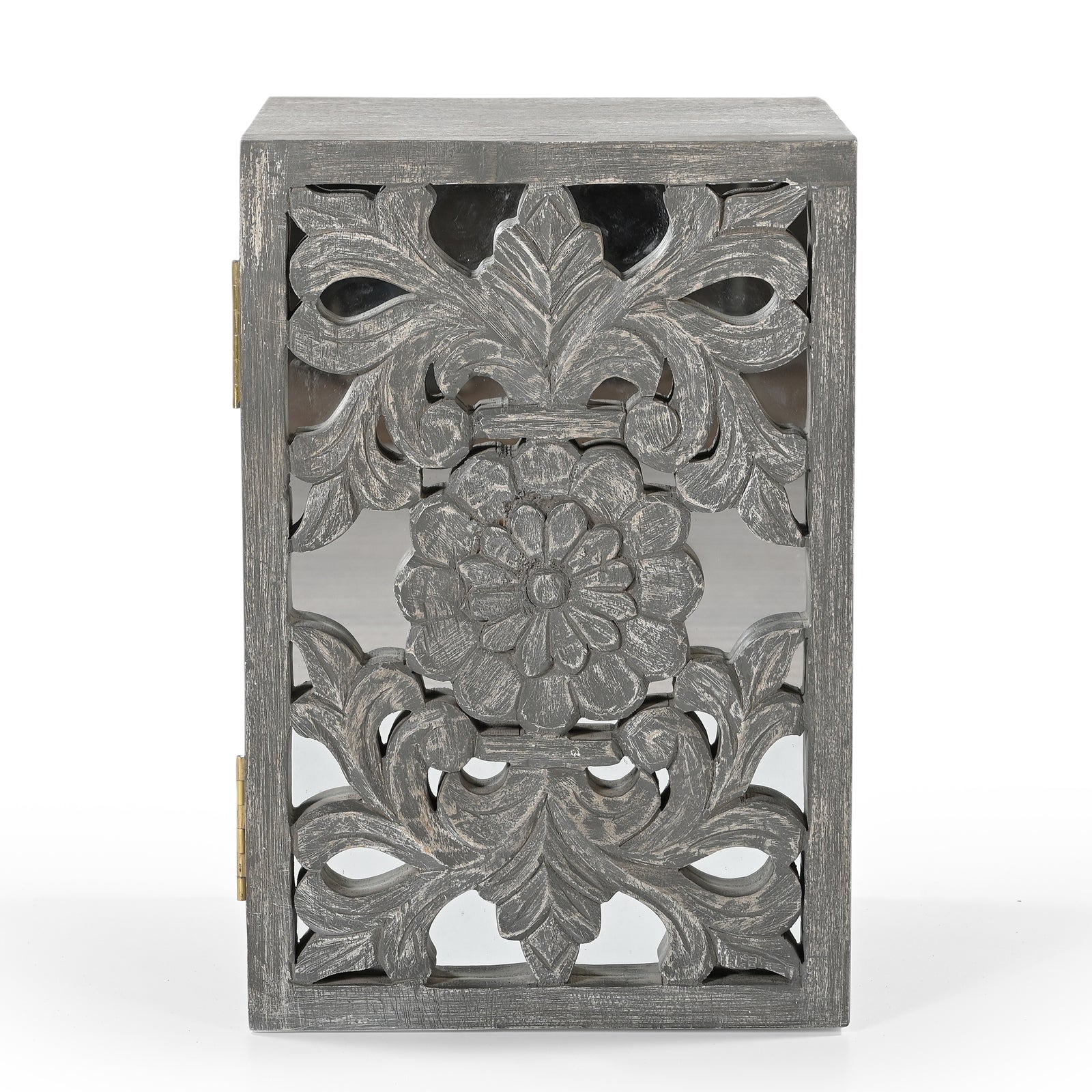 Hand-Carved Wooden Wall-Mounted Mirrored  Key & Storage Cabinet