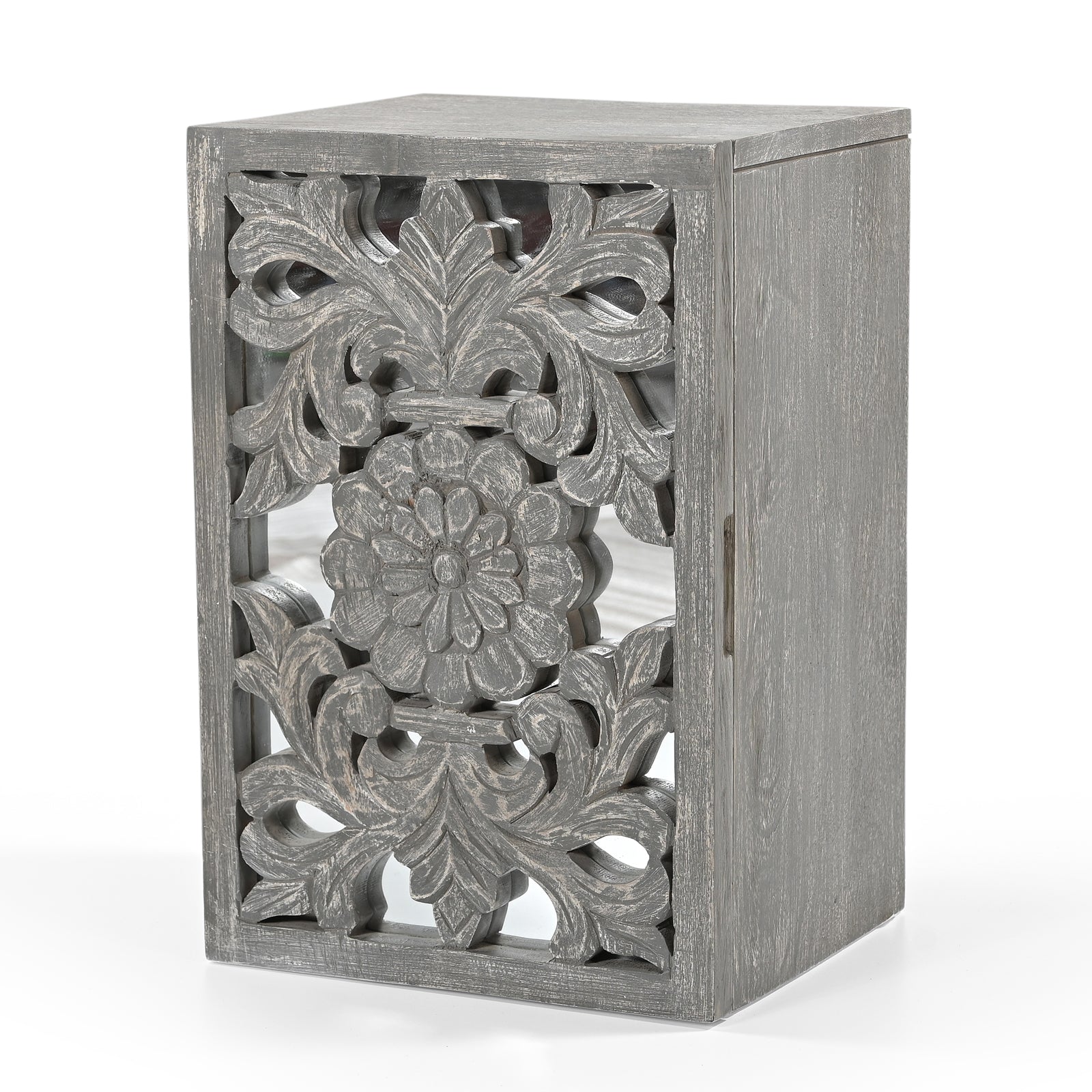Hand-Carved Wooden Wall-Mounted Mirrored  Key & Storage Cabinet