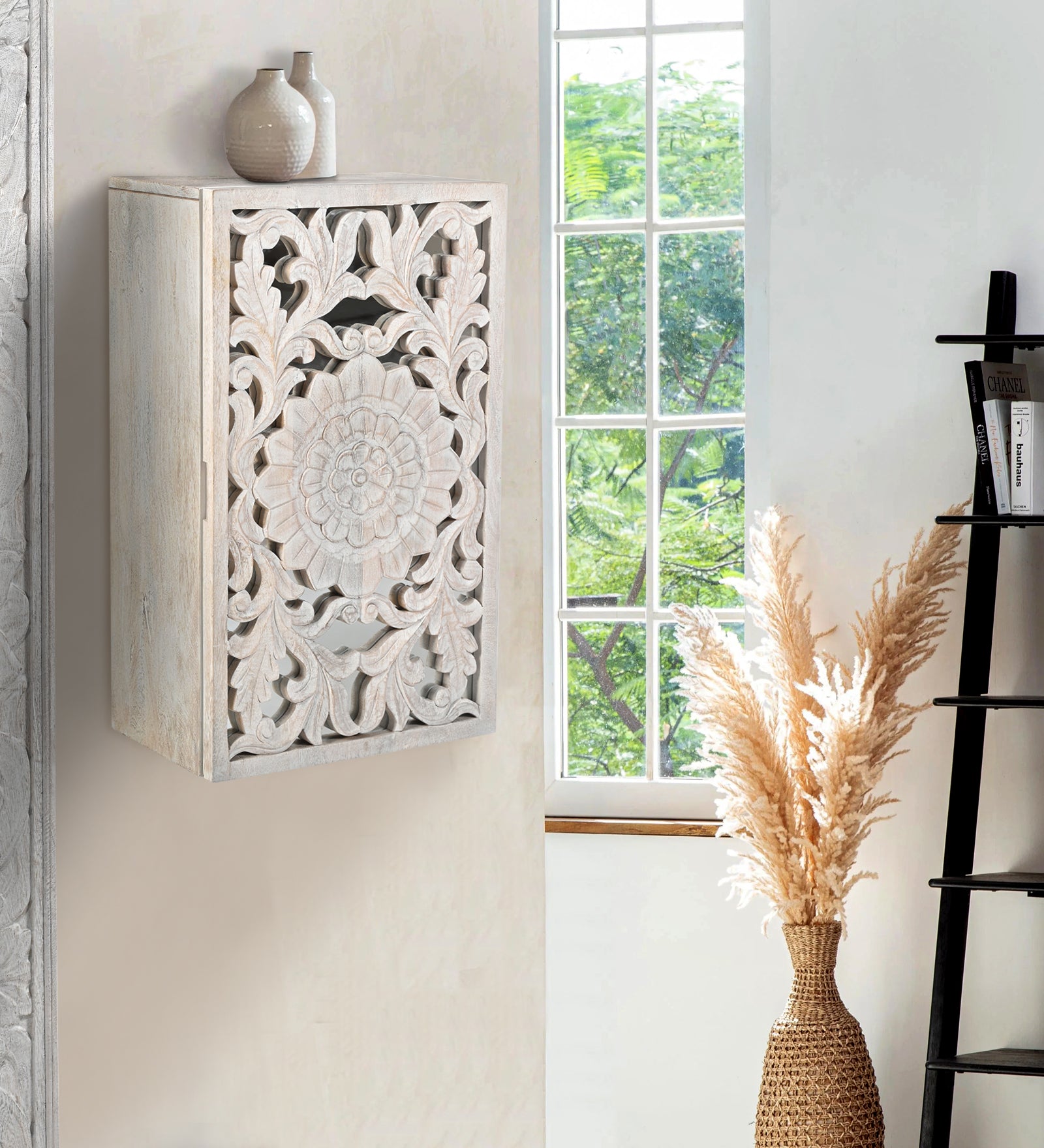 Hand-Carved Wooden Wall-Mounted Mirrored  Key & Storage Cabinet