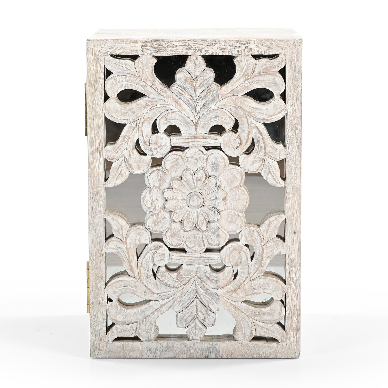 Hand-Carved Wooden Wall-Mounted Mirrored  Key & Storage Cabinet