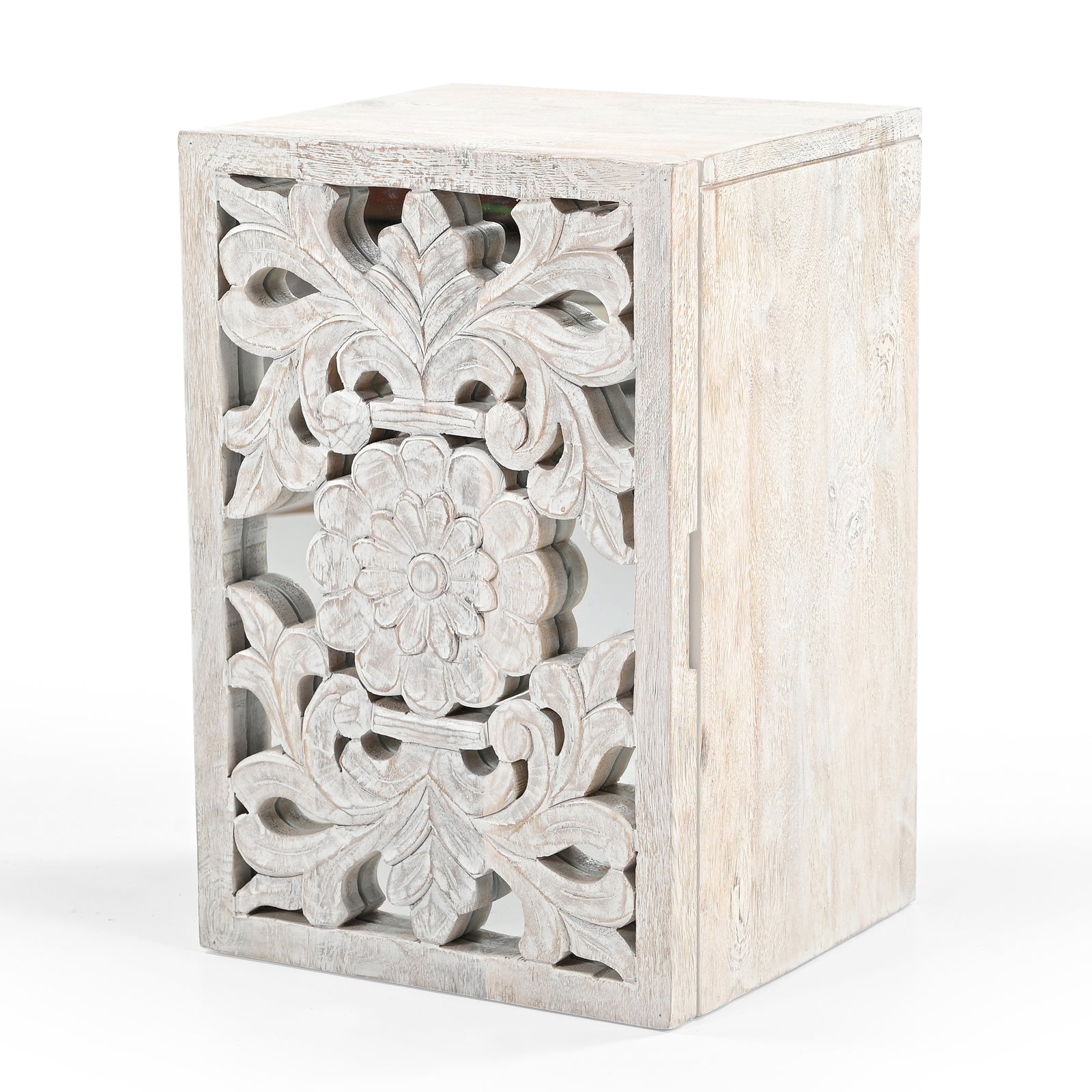 Hand-Carved Wooden Wall-Mounted Mirrored  Key & Storage Cabinet