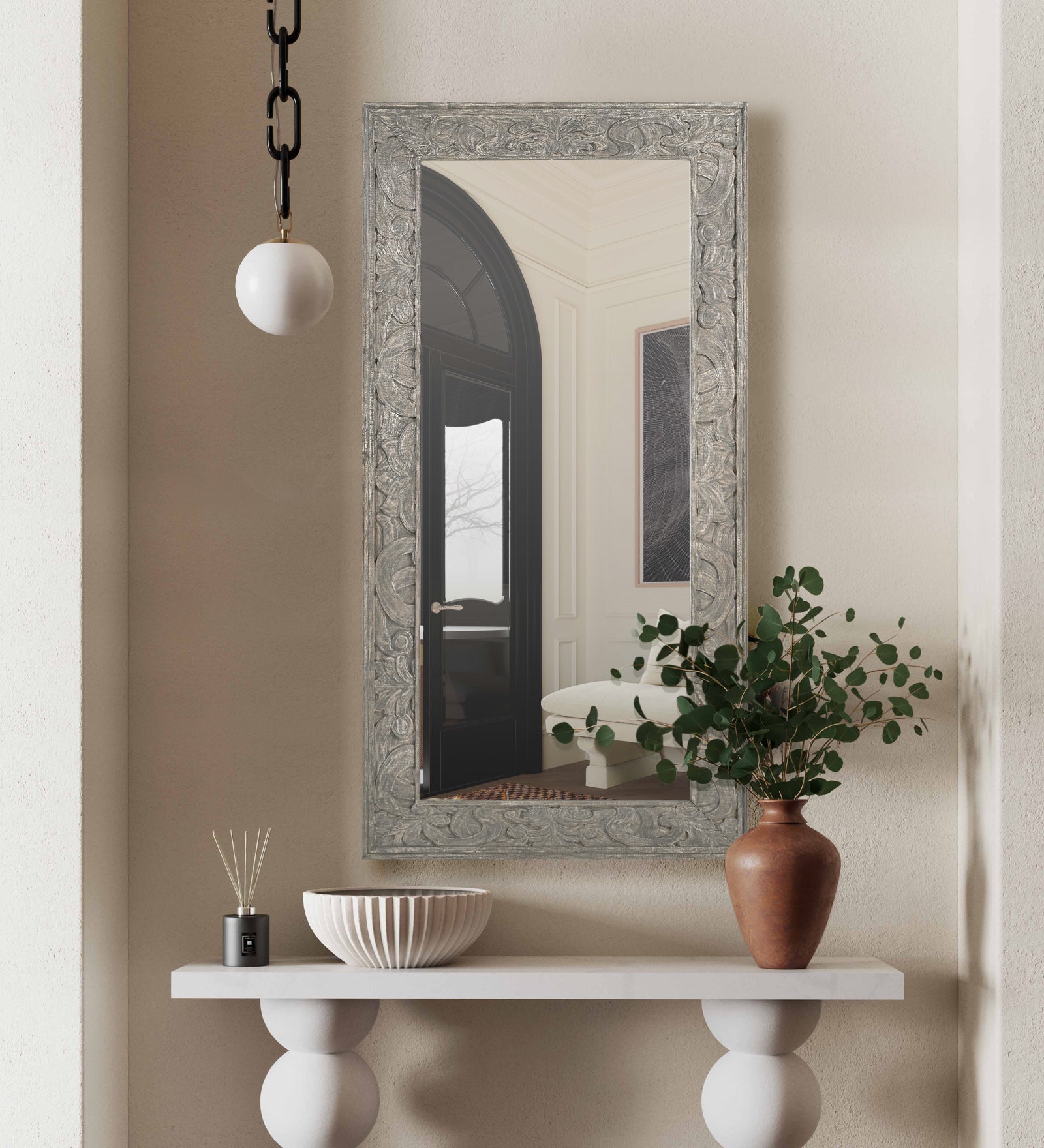 Large Hand-Carved Wooden Full-Length  Floor Wall Mirror