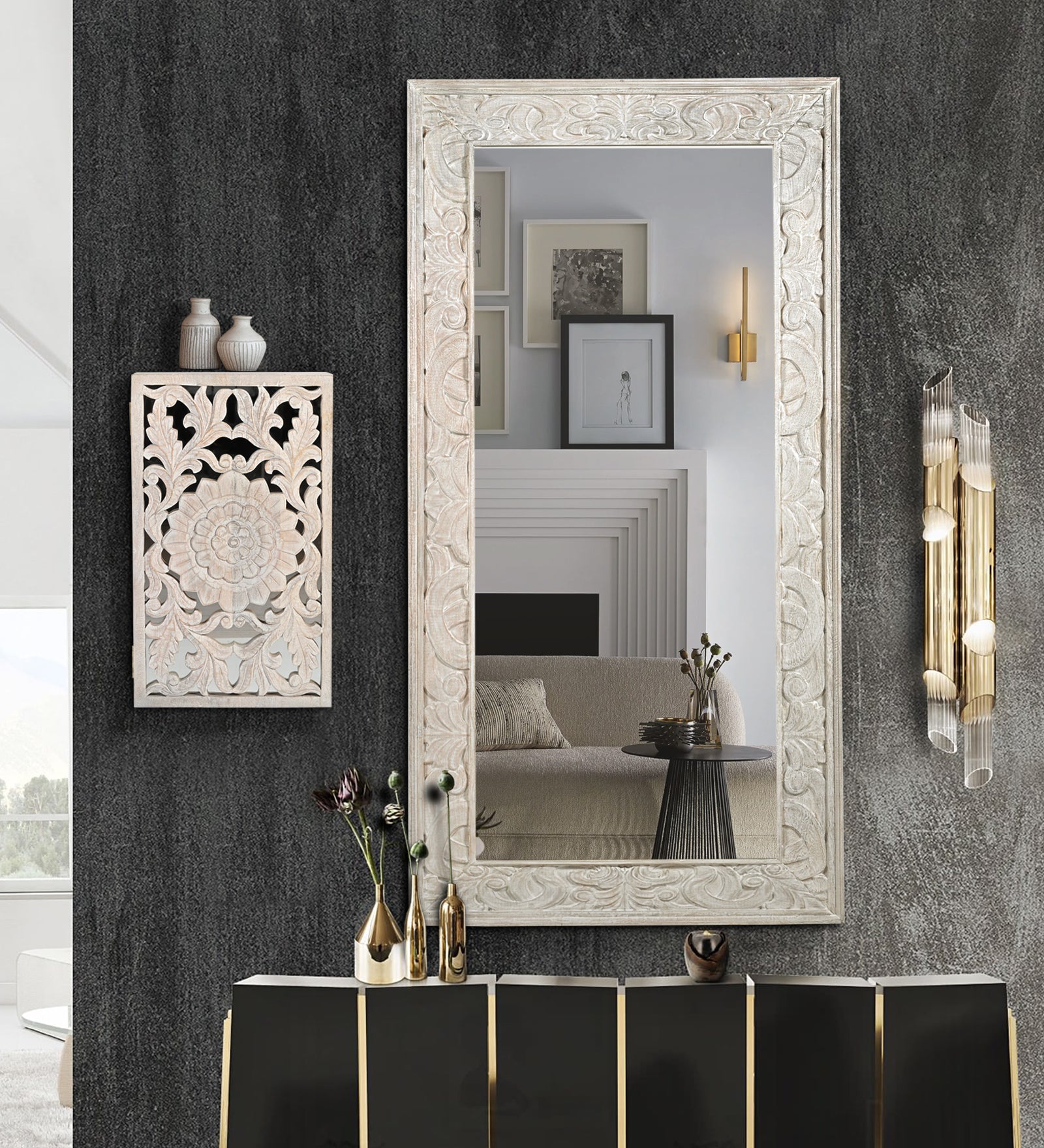 Large Hand-Carved Wooden Full-Length  Floor Wall Mirror