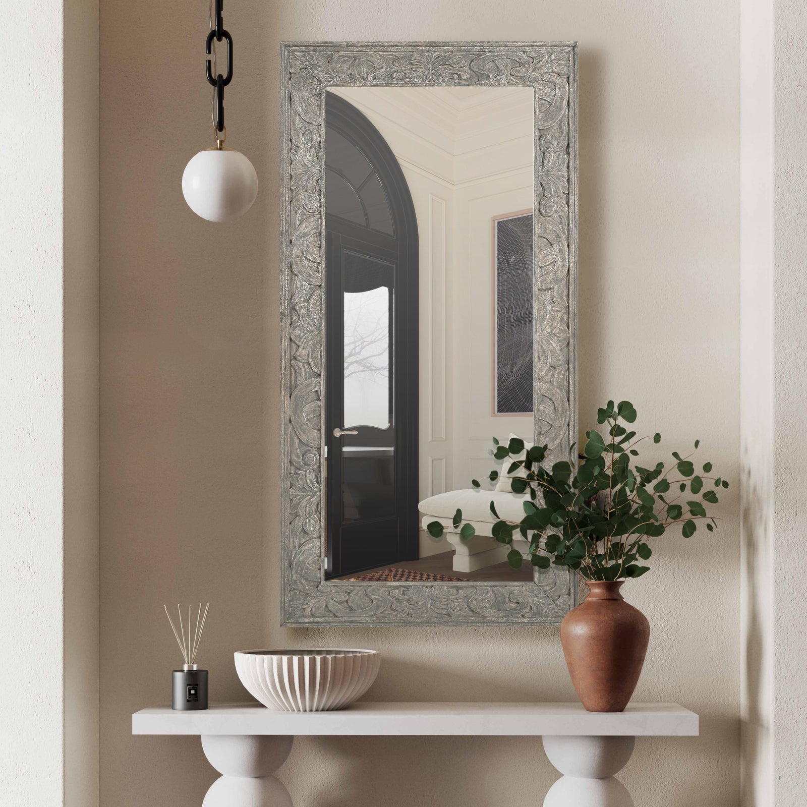 Large Hand-Carved Wooden Full-Length  Floor Wall Mirror
