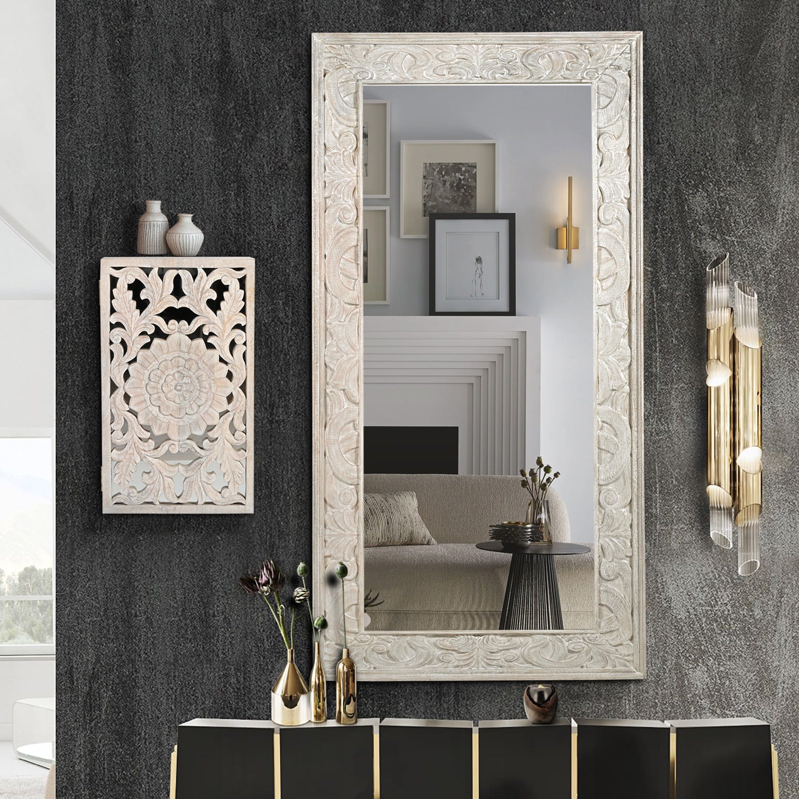 Large Hand-Carved Wooden Full-Length  Floor Wall Mirror