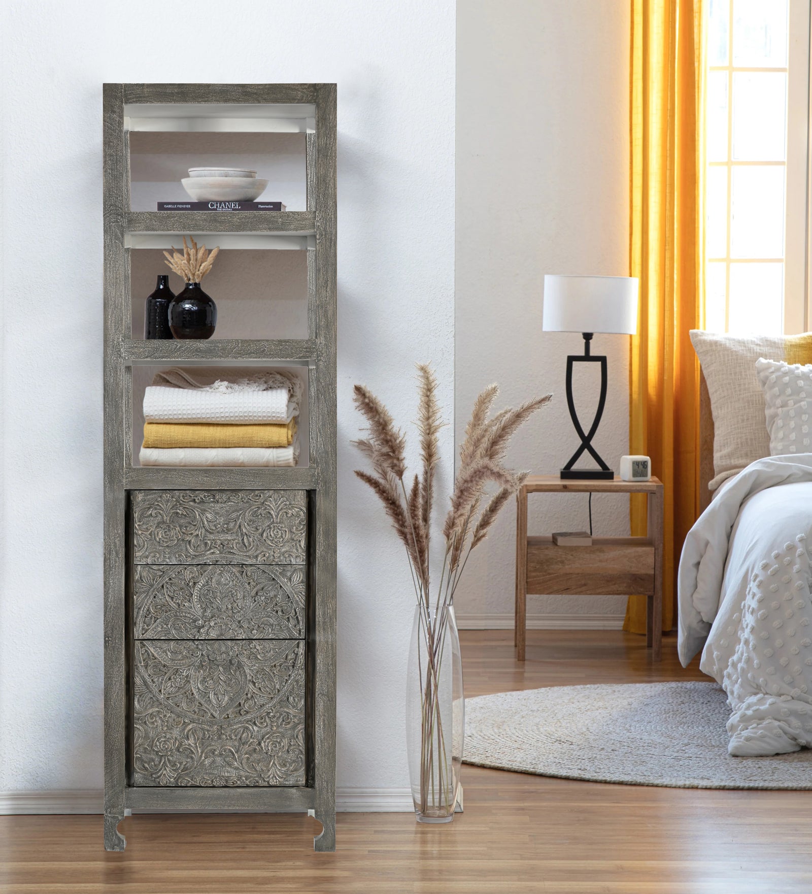 Tall Hand-Carved Wooden Storage Tower with  Open Shelves and Cabinet