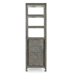 Tall Hand-Carved Wooden Storage Tower with  Open Shelves and Cabinet