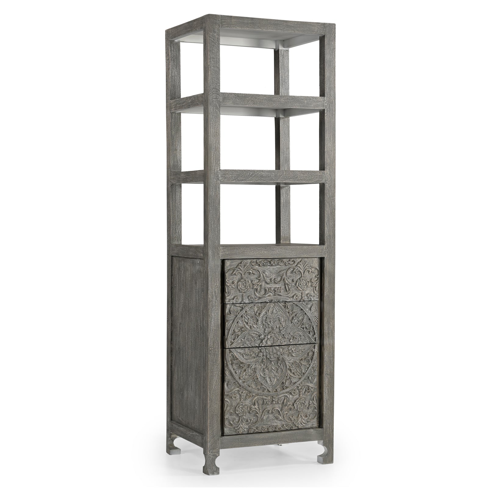 Tall Hand-Carved Wooden Storage Tower with  Open Shelves and Cabinet