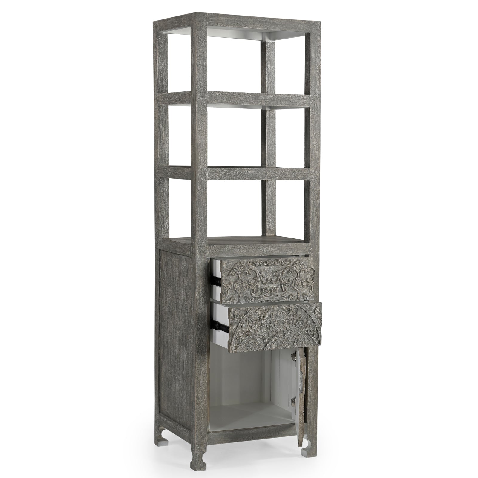 Tall Hand-Carved Wooden Storage Tower with  Open Shelves and Cabinet
