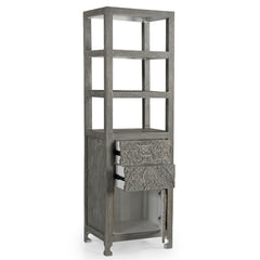 Tall Hand-Carved Wooden Storage Tower with  Open Shelves and Cabinet