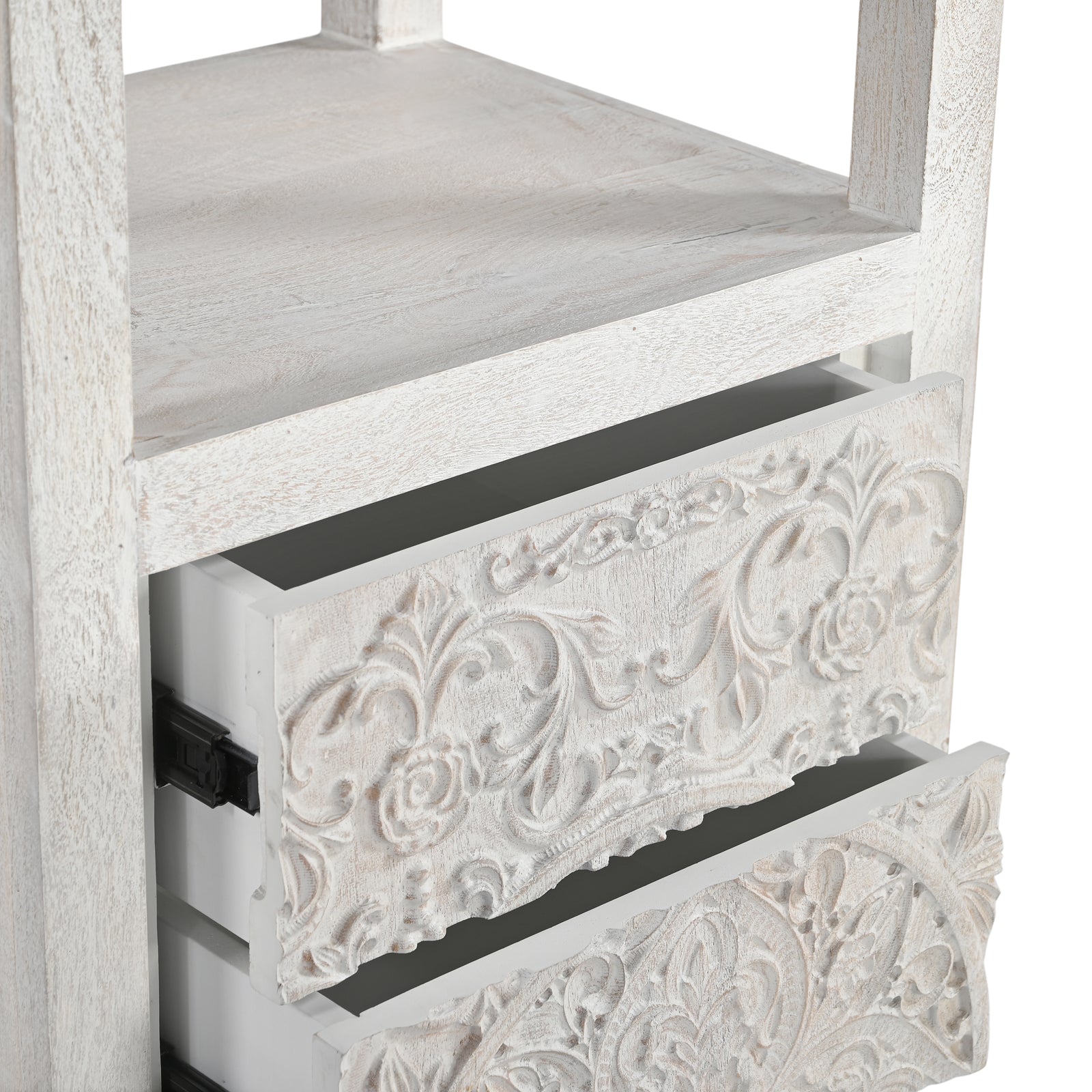 Tall Hand-Carved Wooden Storage Tower with  Open Shelves and Cabinet