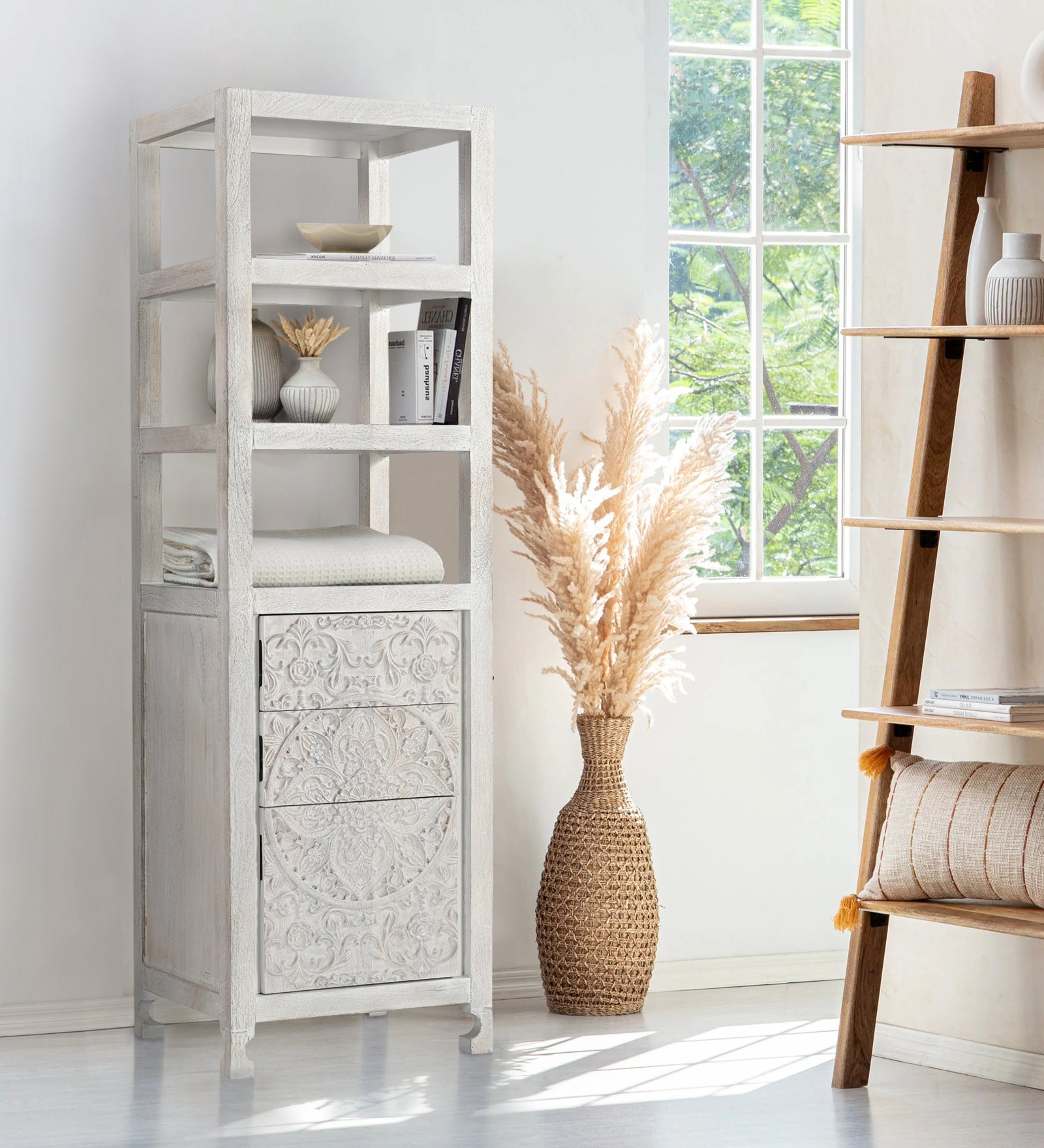 Tall Hand-Carved Wooden Storage Tower with  Open Shelves and Cabinet