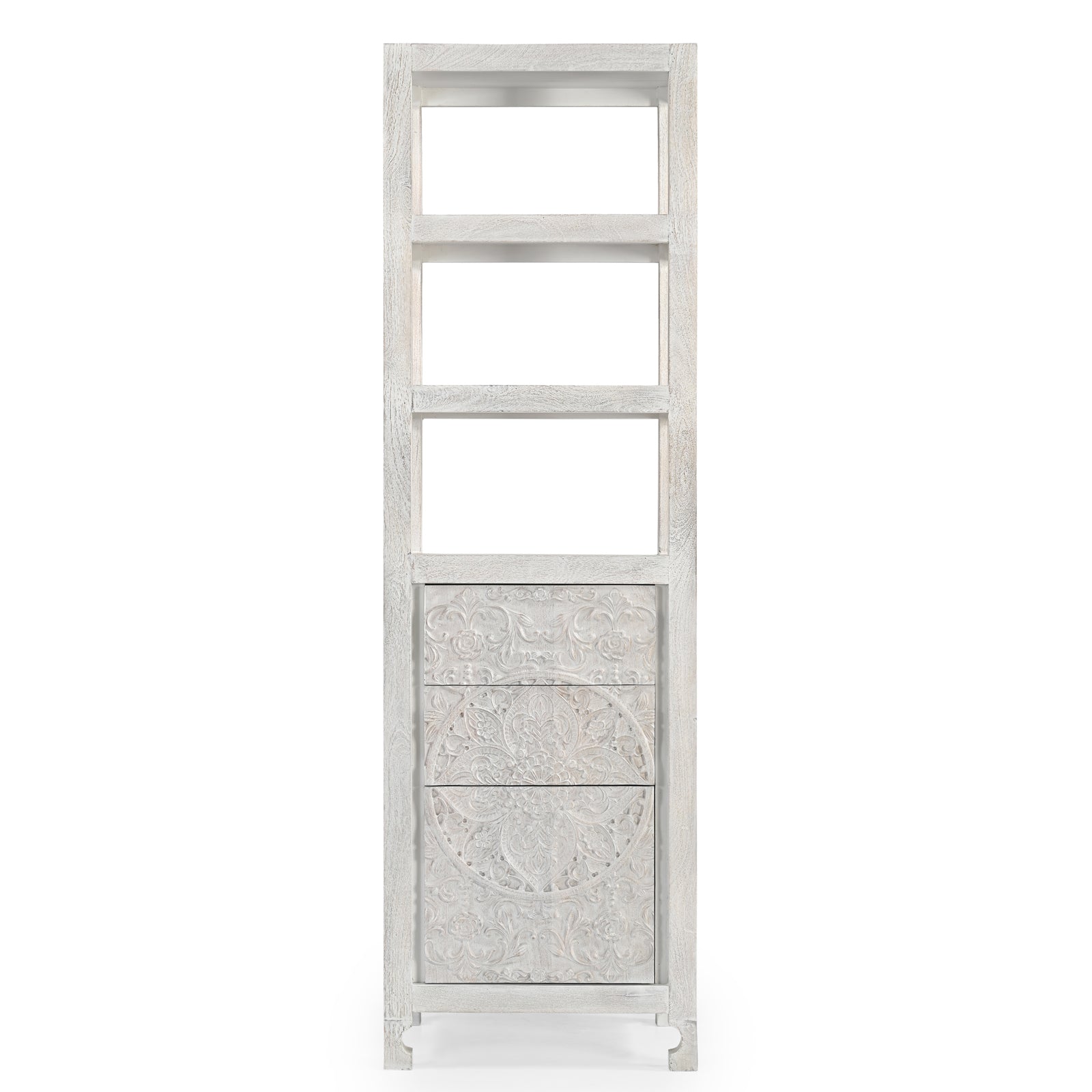 Tall Hand-Carved Wooden Storage Tower with  Open Shelves and Cabinet