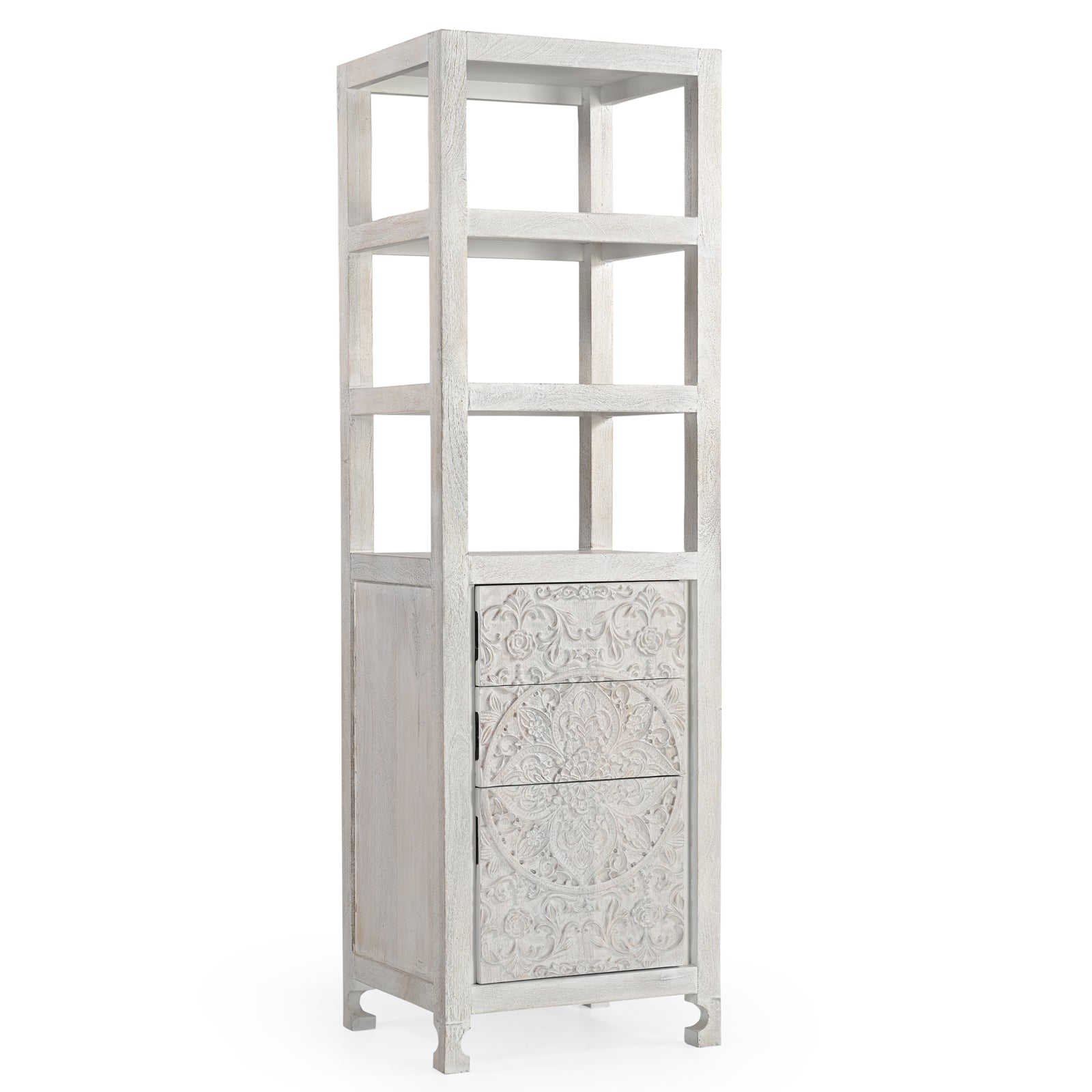 Tall Hand-Carved Wooden Storage Tower with  Open Shelves and Cabinet