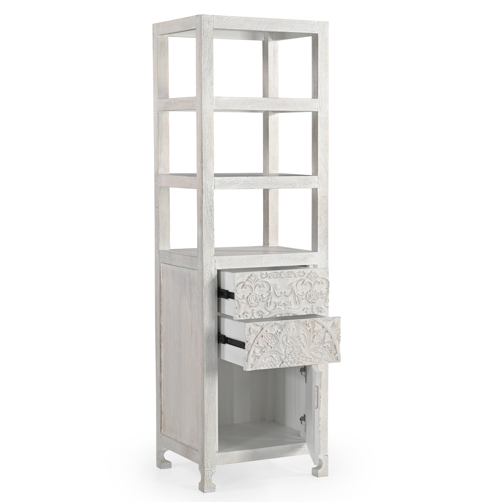 Tall Hand-Carved Wooden Storage Tower with  Open Shelves and Cabinet