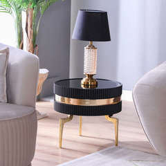 Luxury Black Fluted Round Side Table with  Gold Accent Ring & Metallic Legs