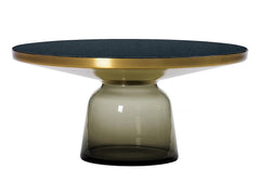 Modern Low-Profile Round Coffee Table with  Smoked Glass Pedestal & Brushed Gold Rim