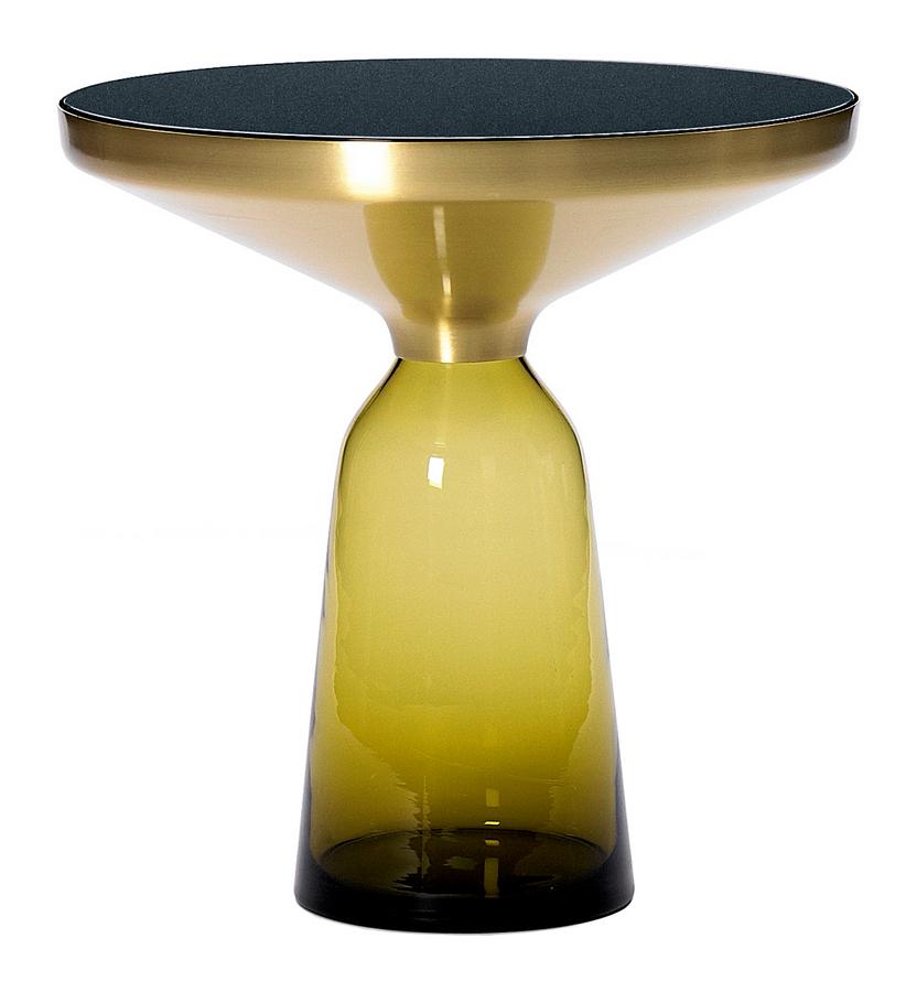 Contemporary Olive Green Glass Pedestal Side  Table with Brushed Gold Funnel & Black Top