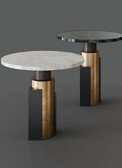 Luxury Marble Round Side Table with Brushed Brass  & Dark Wood Sculptural Pedestal Base