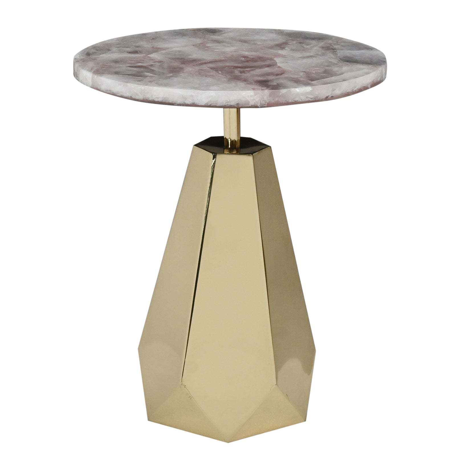 Luxury Grey Quartz Agate Mosaic Round Side  Table with Geometric Polished Gold Base
