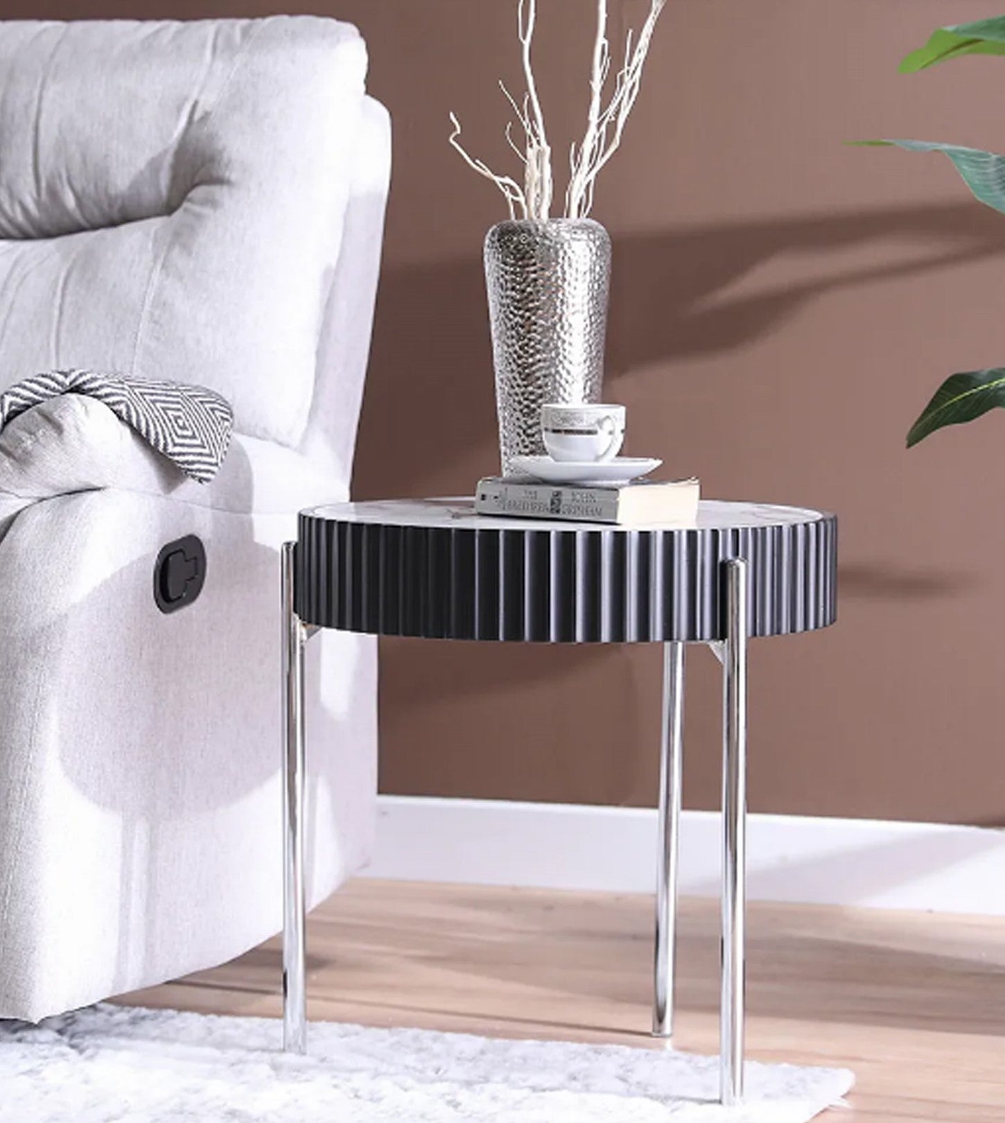 Modern Round Side Table with White Marble  Top and Silver Metal Legs