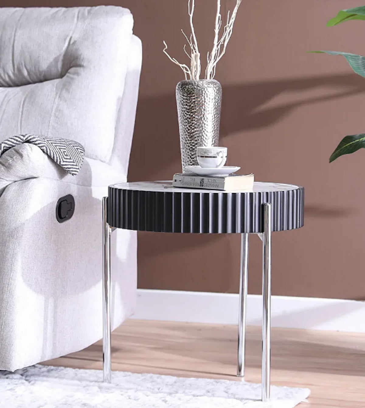 Modern Round Side Table with White Marble  Top and Silver Metal Legs