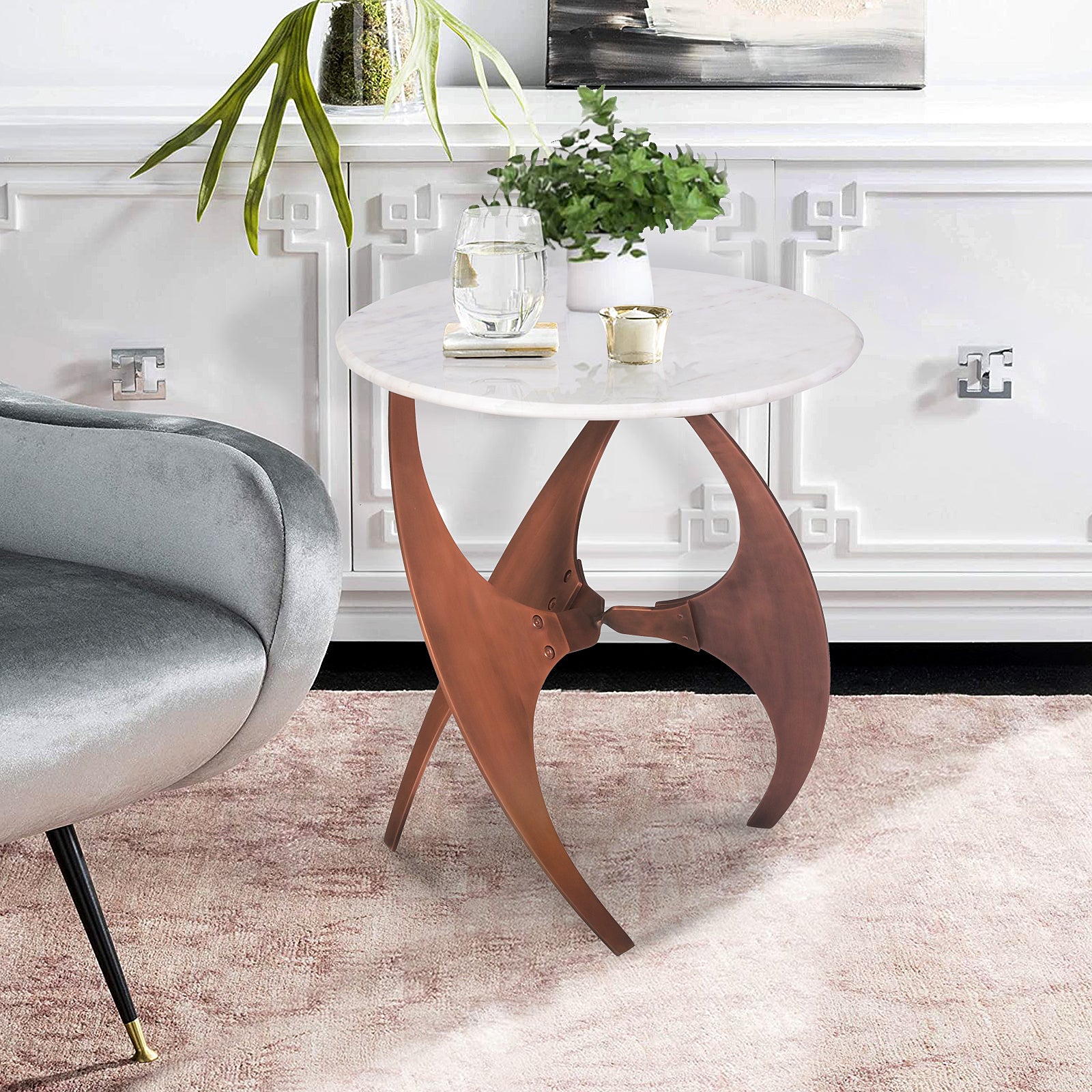 Round White Marble Side Table with  Curved Copper Metal Base