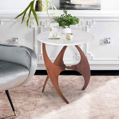 Round White Marble Side Table with  Curved Copper Metal Base