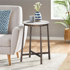Round White Marble Top Side  Table with Textured Metal Base